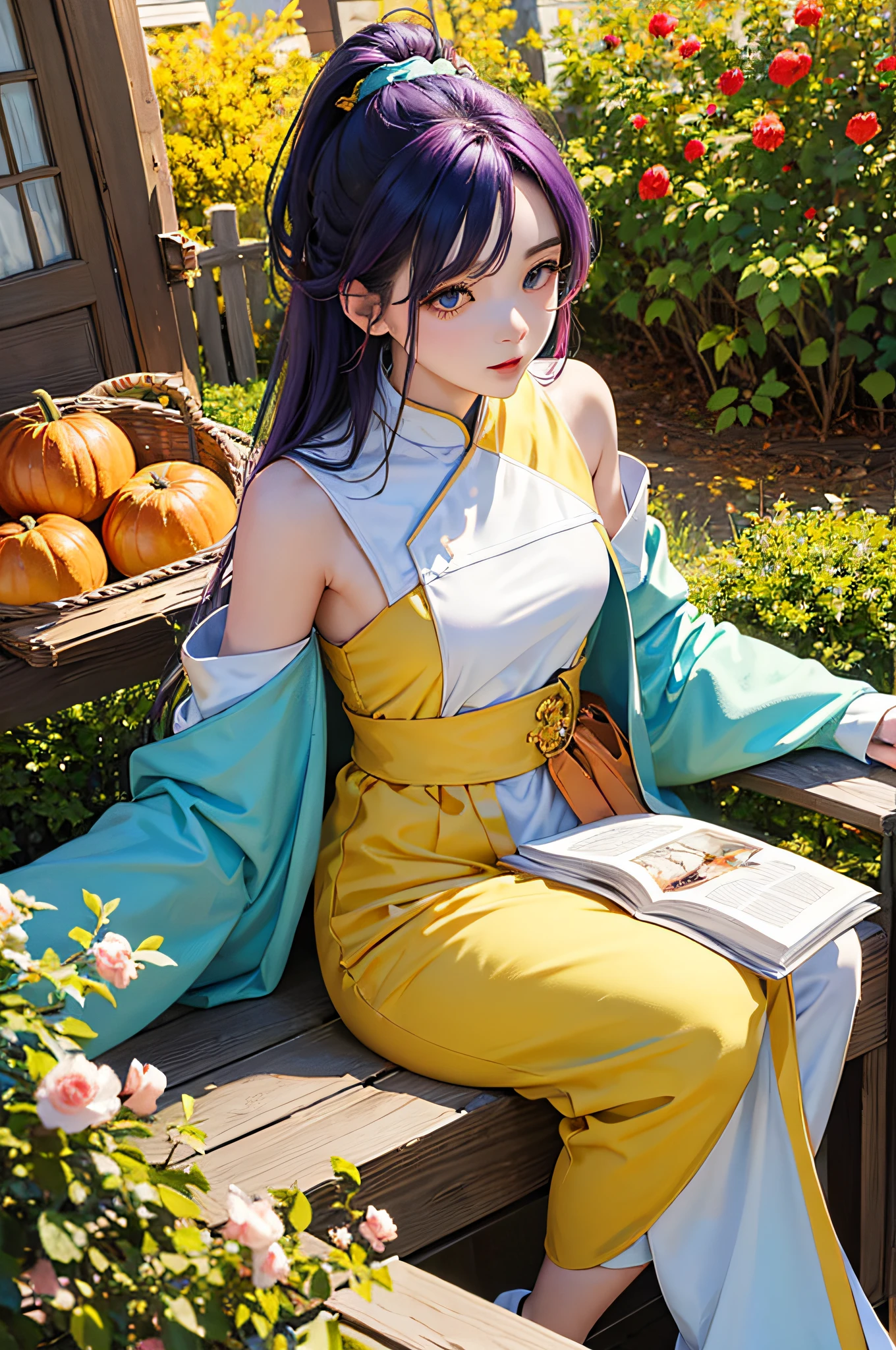 masterpiece、top-quality、Autumn costume、colourful hair、outside of house、Magazine covers、The upper part of the body、