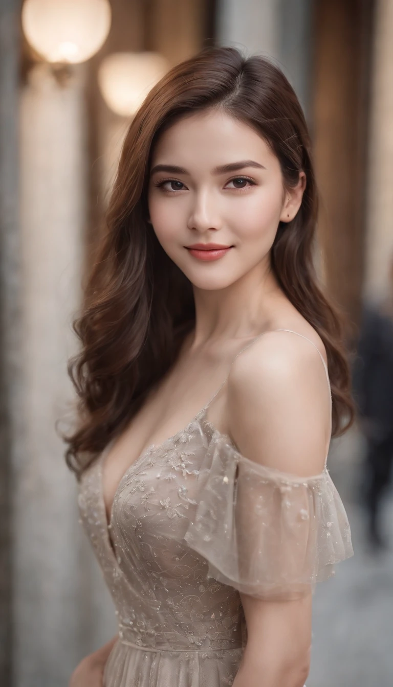 ((Best quality, 8k, Masterpiece :1.3)), 1girl, smiling, full body, slim face, Pretty woman, (Dark brown hair), full length dress :1.1, Ultra-detailed face, Detailed eyes, Double eyelid, blur background, slim face, city, outside, street,