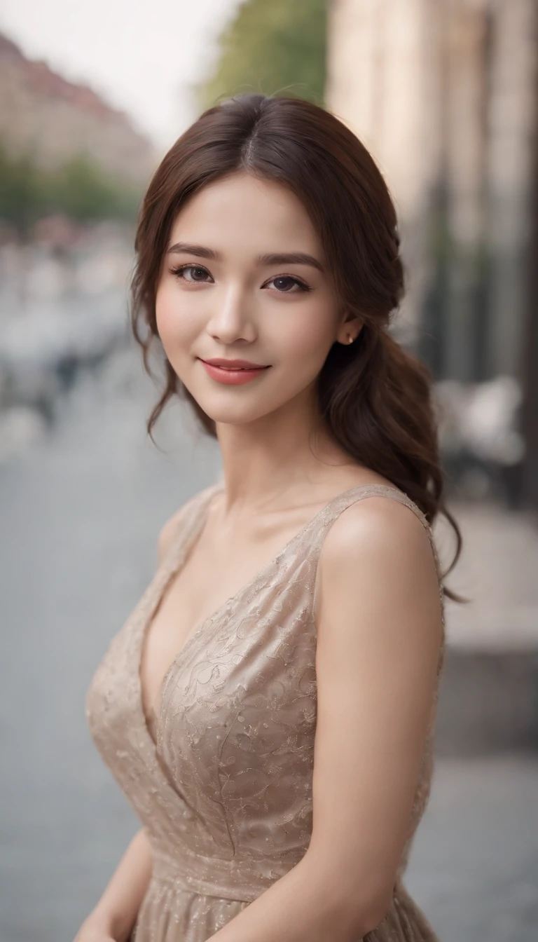 ((Best quality, 8k, Masterpiece :1.3)), 1girl, smiling, full body, slim face, Pretty woman, (Dark brown hair), full length dress :1.1, Ultra-detailed face, Detailed eyes, Double eyelid, blur background, slim face, city, outside, street,