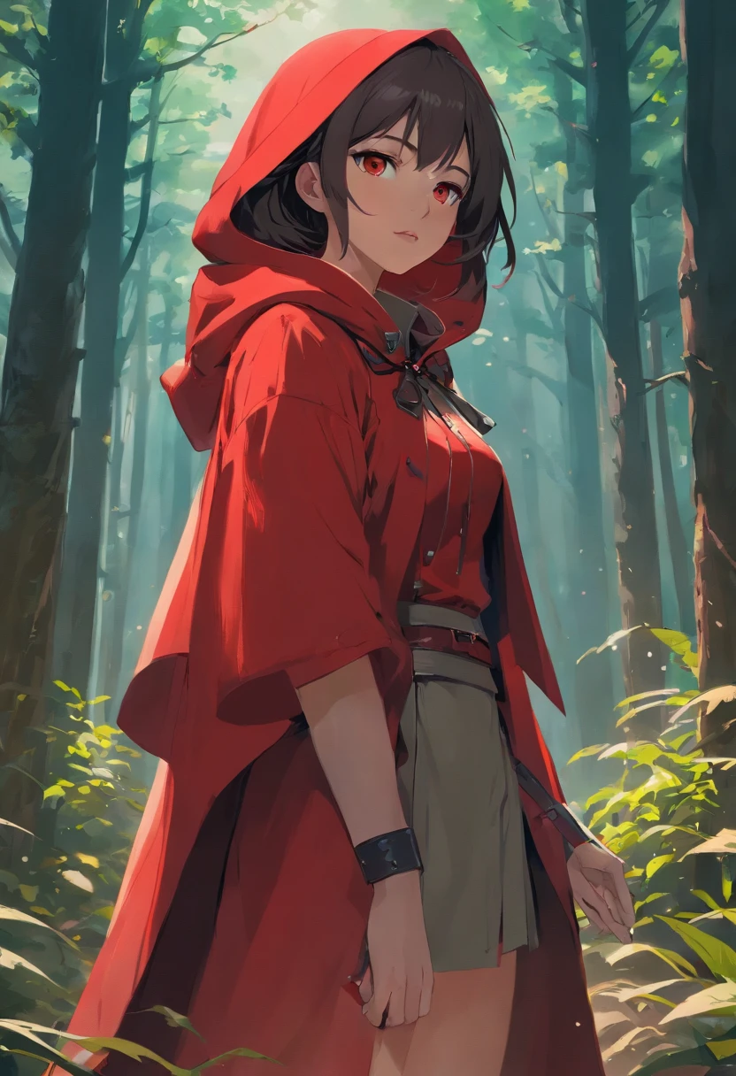 That beautiful Little Red Riding Hood，Little Red Riding Hood floats in the air with a cold expression。She looked 12 or ************，complexion is pale，Tall and tall，cold and glamorous，Full of wildness，Her hood、The shawl was bright red as blood，Under her shawl，It is a linen power suit with a bundled body.，Has a leather shoulder strap on the chest，Wear a python fur belt around your waist，Pedal Deerskin Boots。Eta、What fits this outfit，It was a short sword that shone in the cold light、Hammer and throwing knife... An invisible force bloomed from within her，Form a perfect circle force field，The surface of the mud underfoot is semicircular and concave。subtle makeup，prime time，realisticlying，highly contrast，8K HD，A detailed，Hyper-detailing，realistic skin textures，Cover the red hood，large cleavage，best qualtiy，超A high resolution，RAW photogr，dramatic  lighting，unrealengine，diffuse glow，intricate red hood，outside of house，realistic detailed dark forest，leaves falling，light wind，（Take the head of a slaughter wolf、dripping blood）