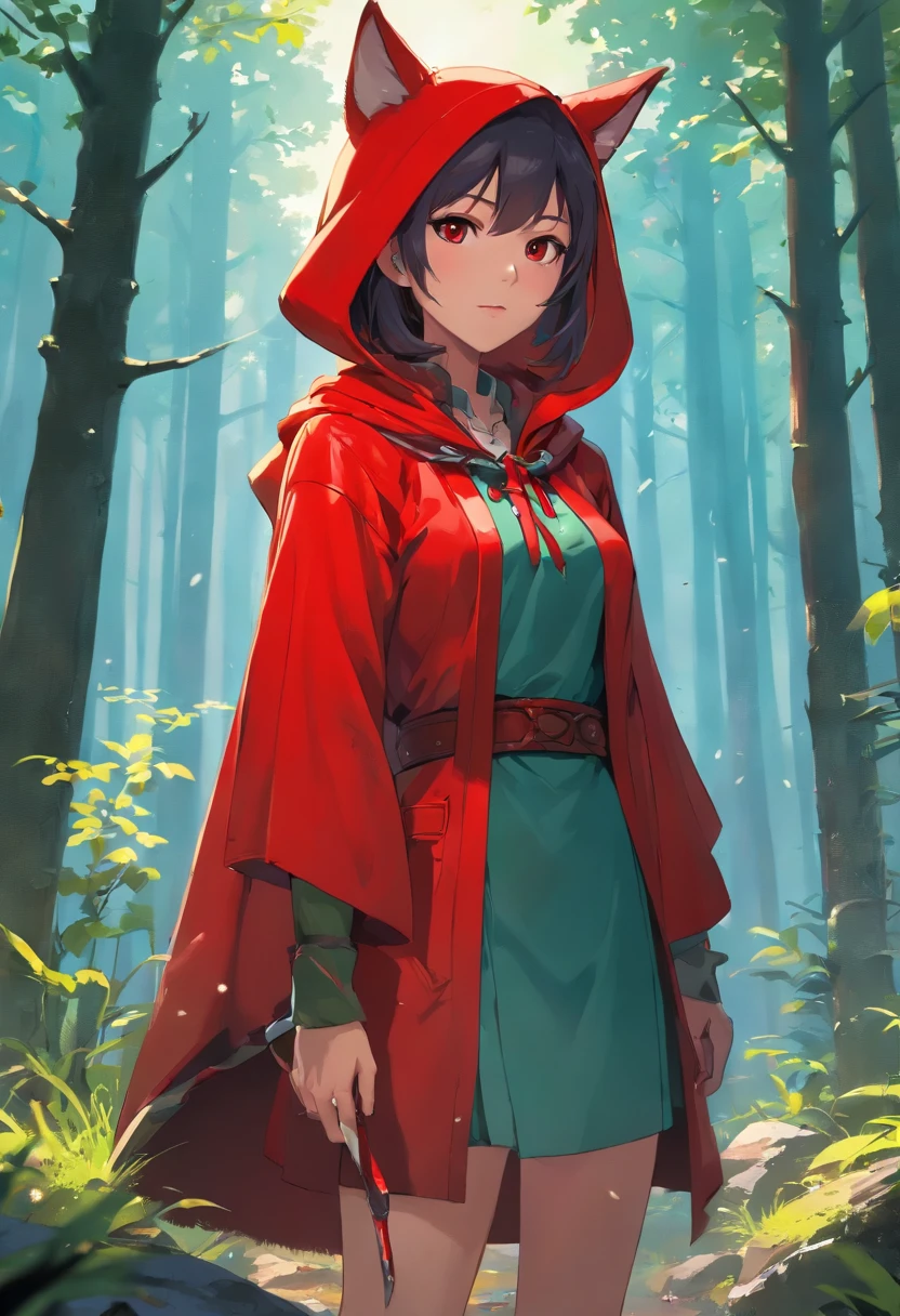That beautiful Little Red Riding Hood，Little Red Riding Hood floats in the air with a cold expression。She looked 12 or 13 years old，complexion is pale，Tall and tall，cold and glamorous，Full of wildness，Her hood、The shawl was bright red as blood，Under her shawl，It is a linen power suit with a bundled body.，Has a leather shoulder strap on the chest，Wear a python fur belt around your waist，Pedal Deerskin Boots。Eta、What fits this outfit，It was a short sword that shone in the cold light、Hammer and throwing knife... An invisible force bloomed from within her，Form a perfect circle force field，The surface of the mud underfoot is semicircular and concave。subtle makeup，prime time，realisticlying，highly contrast，8K HD，A detailed，Hyper-detailing，realistic skin textures，Cover the red hood，large cleavage，best qualtiy，超A high resolution，RAW photogr，dramatic  lighting，unrealengine，diffuse glow，intricate red hood，outside of house，realistic detailed dark forest，leaves falling，light wind，（Take the head of a slaughter wolf、dripping blood）