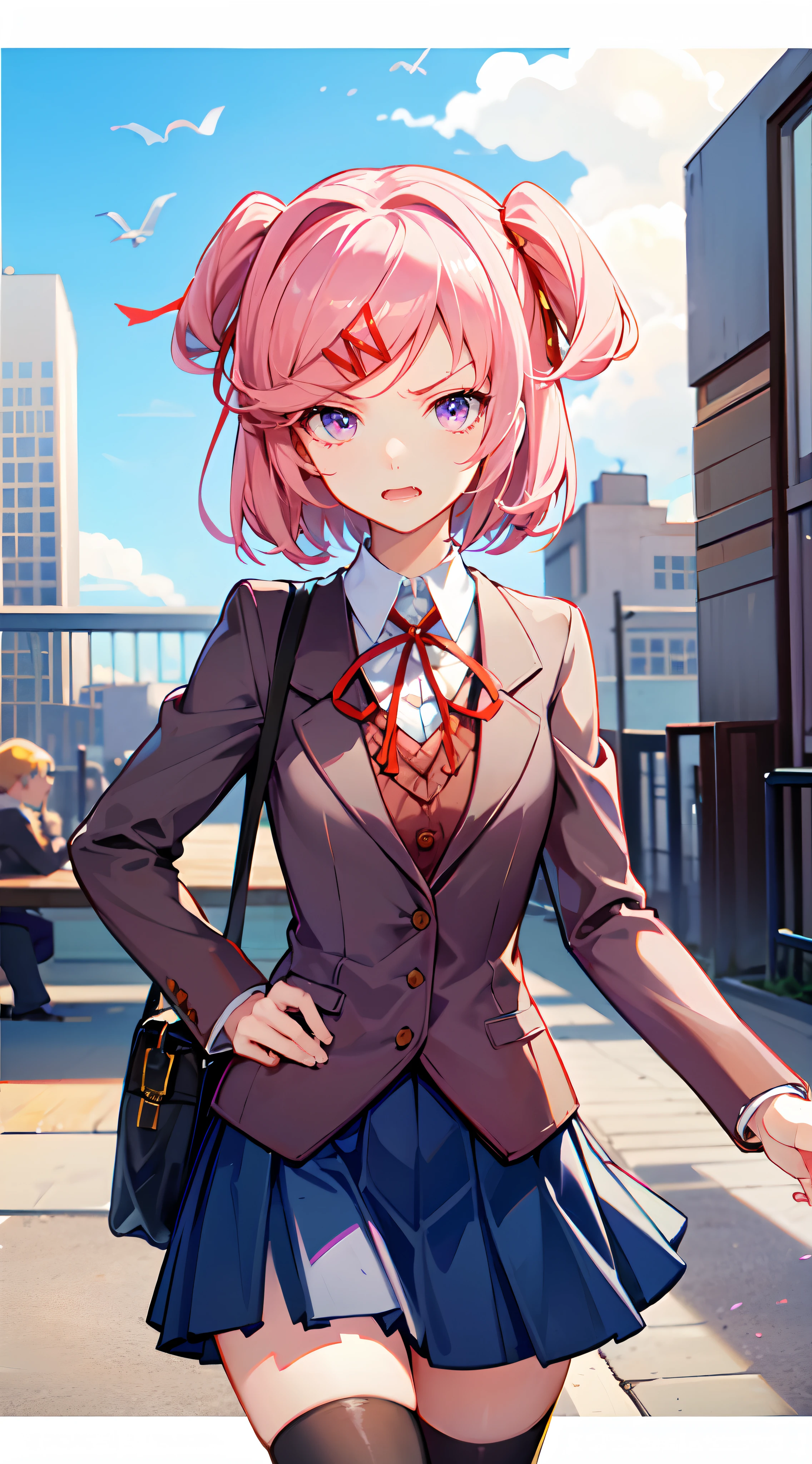 ddlcnatsuki, fang, hair ornament, pink hair, (purple eyes:1.1), short hair, short sidetail, swept bangs, x hair ornament, blazer, blue skirt, brown jacket, collared shirt, jacket, long sleeves, miniskirt, neck ribbon, pleated skirt, red ribbon, ribbon, school uniform, shirt, skirt, swept bangs, vest, white shirt, wing collar, x hair ornament, angry face