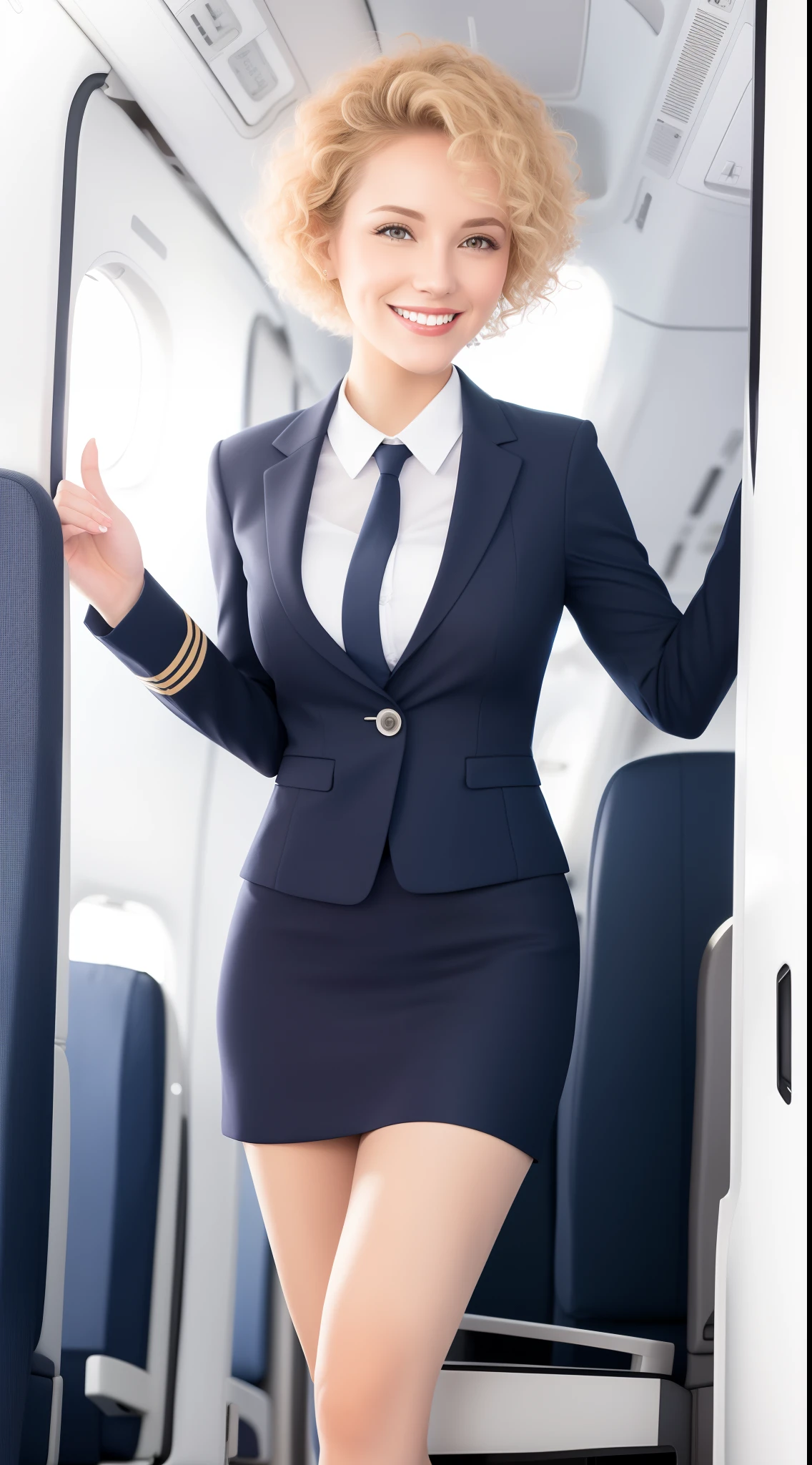 (White flight attendant uniform),view the viewer,Smiling,cheerfulness,Short curly blonde hair, standing, inside airplane,
