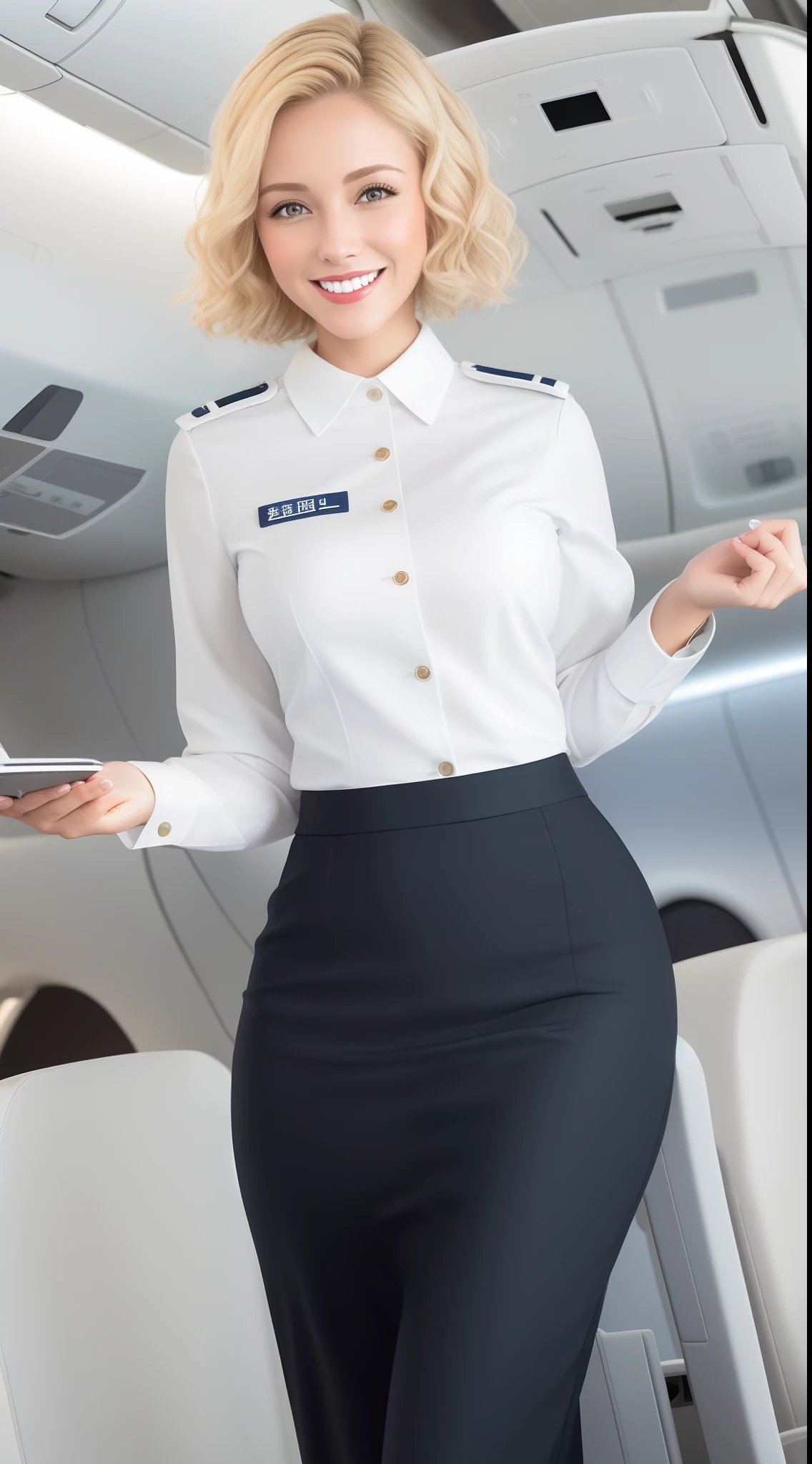 (White flight attendant uniform),view the viewer,Smiling,cheerfulness,Short curly blonde hair, standing, inside airplane,