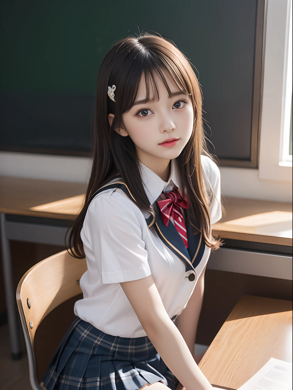 cute、***ung girls, extremely detailed CG unified 8k wallpaper, Highly detailed, High-definition raw color photos, Professional Photography, Realistic portrait, Cinematic Light, Bangs, (High School Uniform, Pleated mini-skirt:1.3), School, crass room,