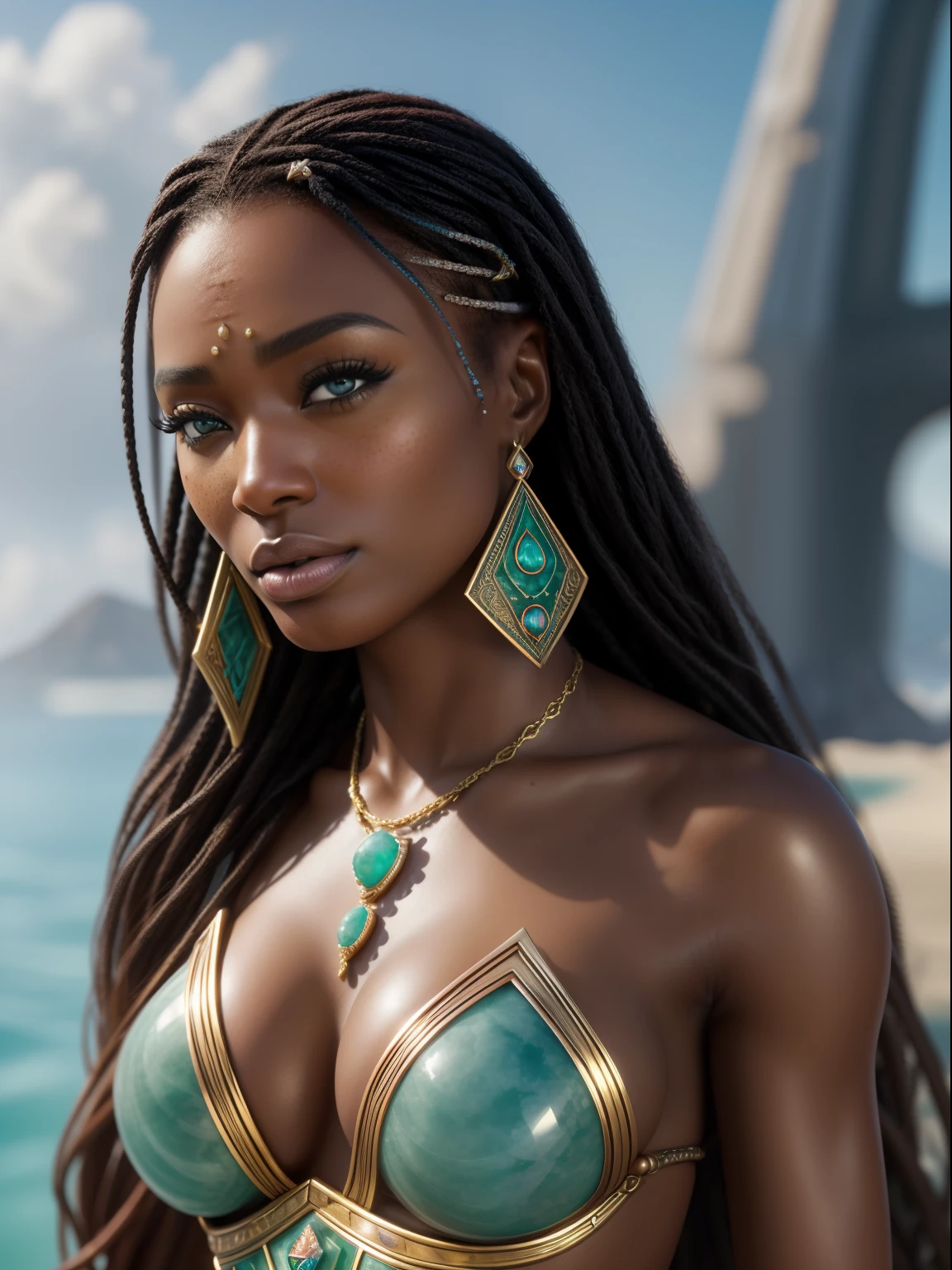 hyper realistic, ultra detailed photograph of a barbarian woman, look like Naomi Campbell as African American, ((honey eyes)), ((Jade ocean:1.25)), golden jewelry, shiny, sunlight fractal details, (Anna Steinbauer:1.5), depth of field, HOF, hall of fame, detailed gorgeous face, apocalyptic environment, natural body posture, professional photographer, captured with professional DSLR camera, trending on Artstation, 64k, ultra detailed, ultra accurate detailed, bokeh lighting, surrealism, Thomas Kinkade background, urban, ultra unreal engine, ((Pauline Voß)), ((Pascal Quidault)), ((Anna Helme)), Martina Fackova, intricate, epic, freckles, peach fuzz, detailed mascara