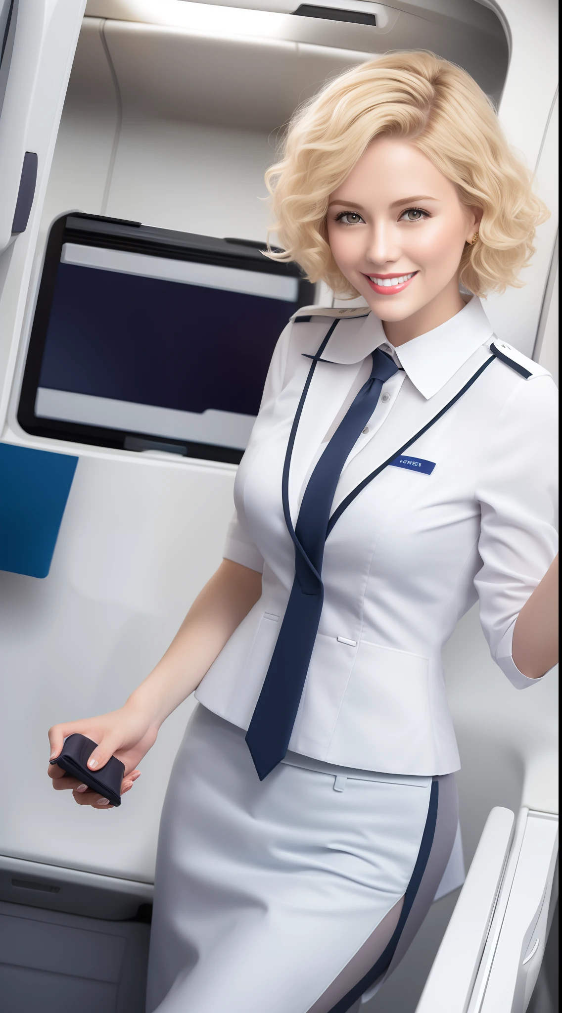 (White flight attendant uniform),view the viewer,Smiling,cheerfulness,Short curly blonde hair, standing, inside airplane,