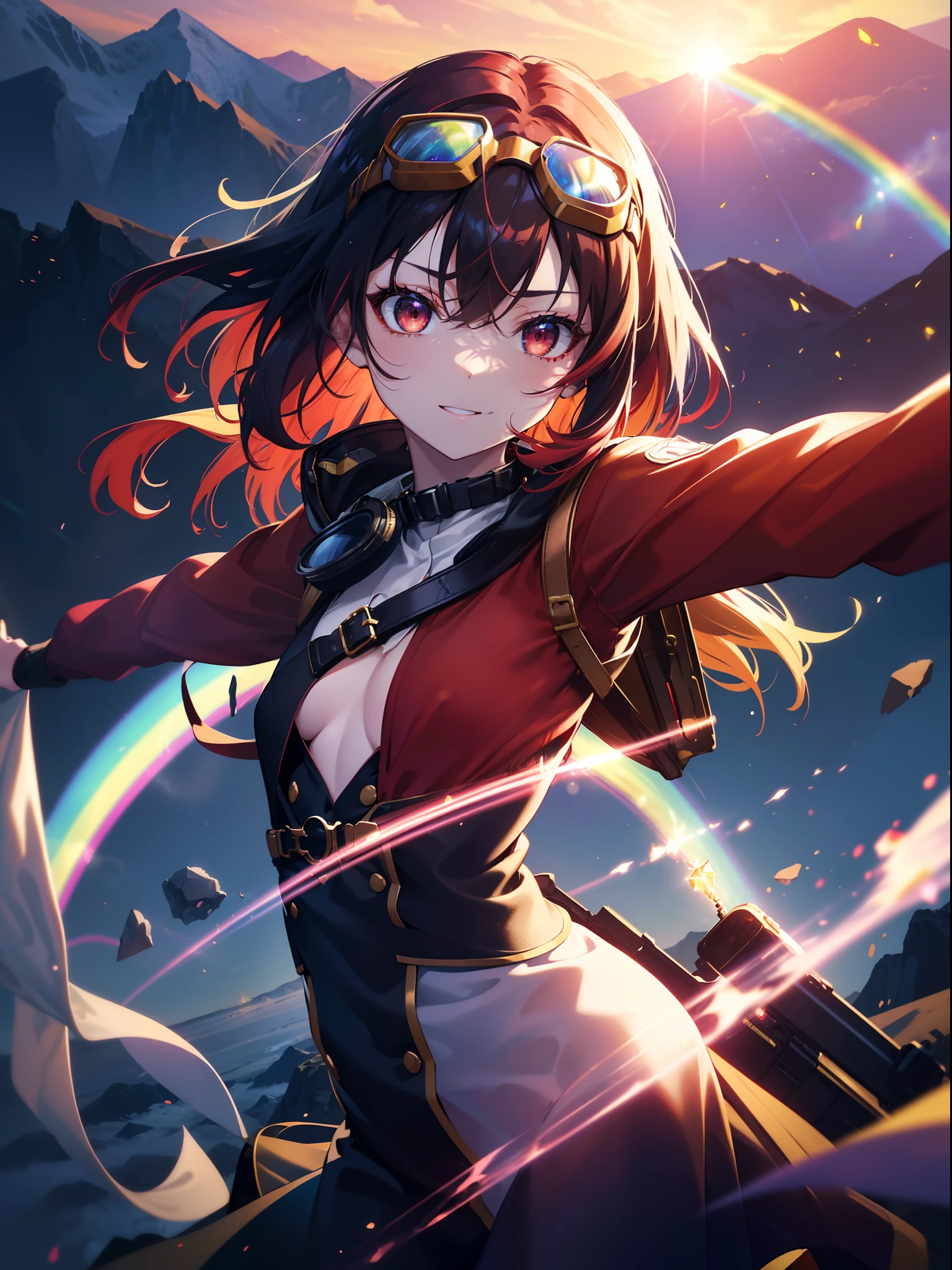 She has cat ears:1.3),(Red eyes in the starry sky:1.3),(Face Focus:1.3),(zoomed:0.7), (Wear detailed brown goggle-type goggles on your head:1.4),(sano:1.3),(Happy expression:1.3),(Proud smile:1.3),(mountaineer:1.3),(Bob with red hair with bright details,:1.3), (hair messy:1.3), (Mountaineers aiming for the summit:1.3), (perfectly detailed eyes:1.3),(Adult leeway:1.3),(Stretch your arms and points:1.3),(She's okay:1.3),Her skin is pale,(Carry a backpack:1.3),(small tit:1.5),(Brown mountaineering jacket:1.3),(treasure trove:1.3),(Gold Wave Art:1.3),She is a war maiden,Emitting an aura of light,(Face Zoom:1.3),Highest Quality, (Treasure map in hand:1.3),(Sunshine:1.3),Complex castle town,Lens Flare, Big rainbow,The moon shines,money, bloom, ((light glow)), chromatic abberation], Digital Painting, Insane details, Intricate details, Beautifully color graded, Anime Clothing,Unreal Engine, Cinematic , colour grading, Editorial Photography , Photography, Kiss Shot, Canon 5D Camera Photography,Shot on 70mm lens, Depth of subject, ultra sharpness, nffsw, octane, Unreal, Dramatic light, Global Illumination,Motion Picture Film,rainbow,lensflare,(Rainbow Aura Wave:1.3),(Red string:1.3),(Agfacolor:1.3),(close portrait:1.3),(Feminine:1.4),(Beautiful:1.4),(Attractive:1.3),Move an angle,Themed Background,