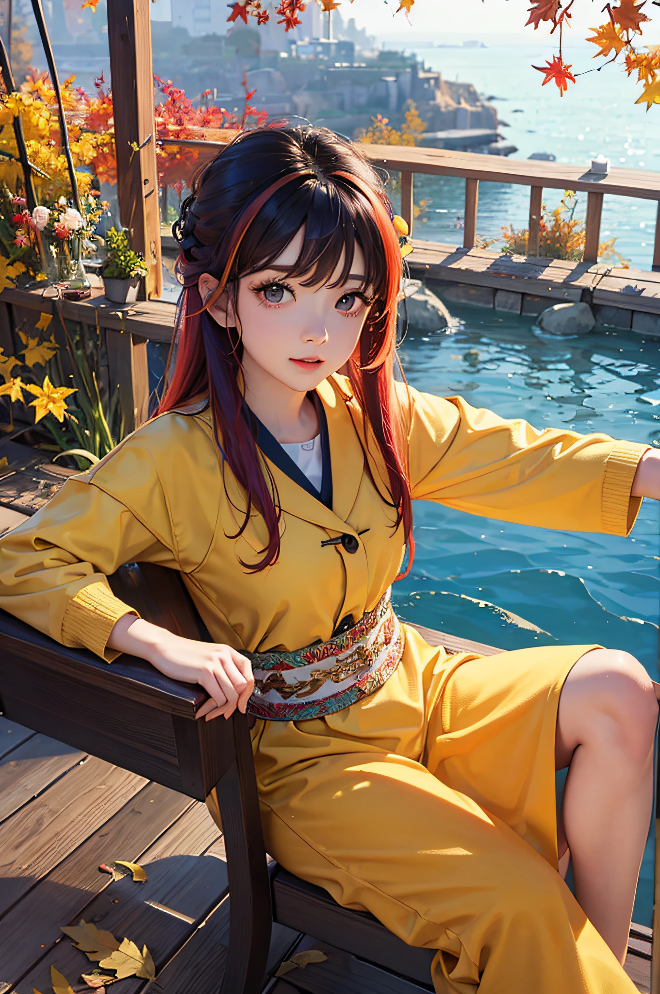 masterpiece、top-quality、Autumn costume、colourful hair、outside of house、Magazine covers、The upper part of the body、