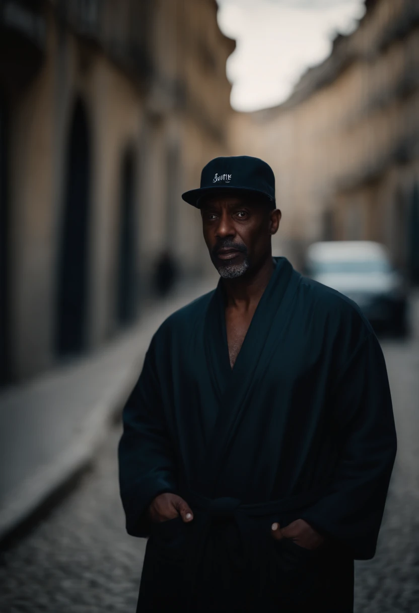 French black man, 56 anos, investigador, wearing a black bathrobe, um cap estilo boina, 4k