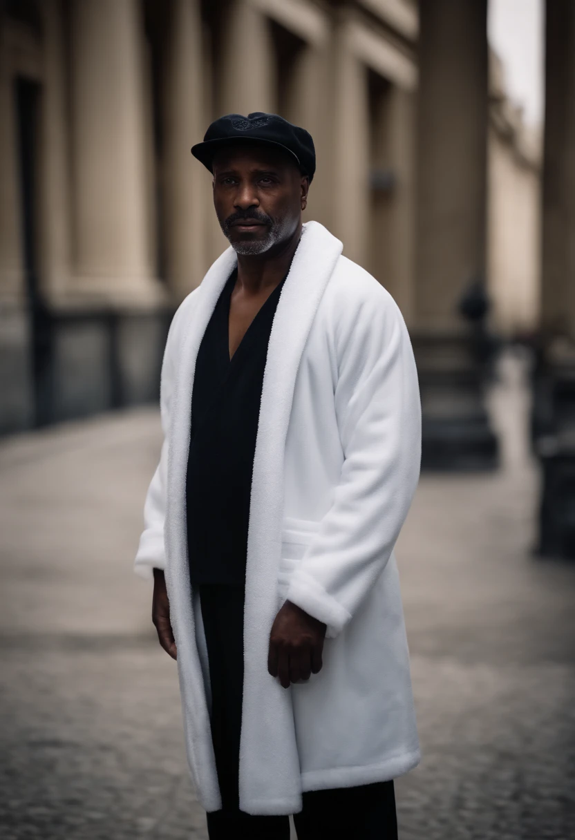 French black man, 56 anos, investigador, wearing a black bathrobe, um cap estilo boina, 4k