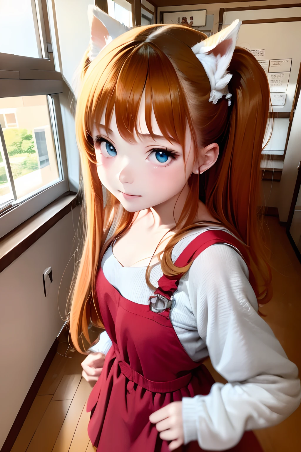 (masterpiece:1.2、top-quality)、nffsw、intricate detailes、1girl in、、 brown haired、Light brown eyes:1.3、pinafore、animal ear、A smile、Hands together、waitress、door、doress、White Apron、Indoors、long-sleeve、blue eyess、looking at the viewers、a furry、pink dress、shorth hair、Maids、maid apronl、dog ears、window、bangss、is standing、Mouth closed、(low angles), (top down),Realistic scale,Significant shrinkage:1.5,Anime style photo,Super Detail, Realistic, Super realistic,lifelike rendering,(((school classrooms:1.5,Classroom lined with desks:1.2))),Professional Photographer