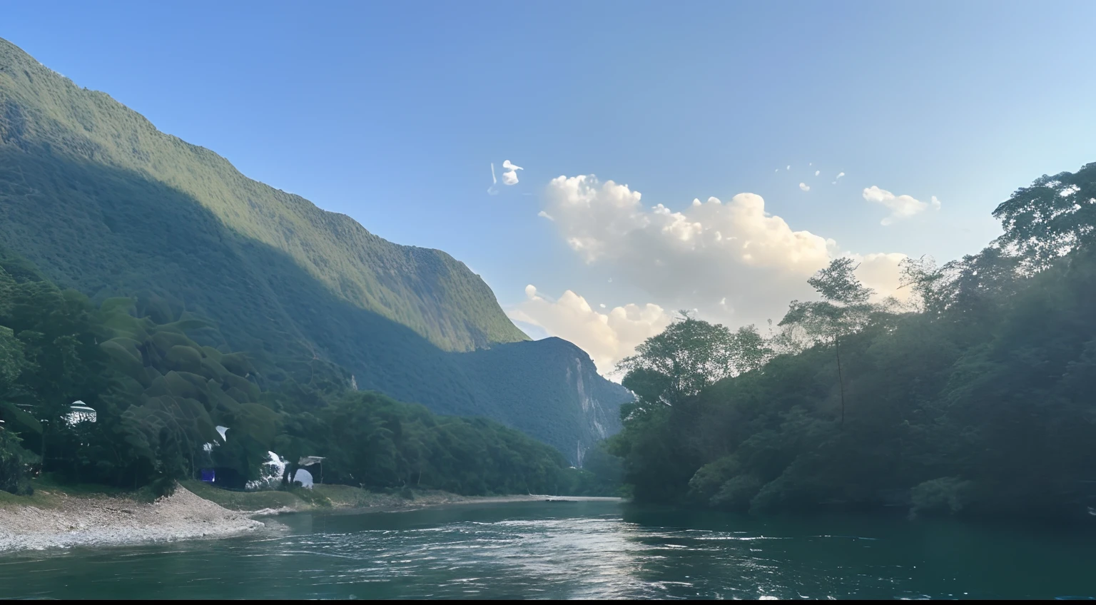 There was a boat going down the river in the mountains, river in the background, rios、Trees and hills, mountains river trees, Mountains and rivers, scenic view of river, wide angle river, moutain in background, very beautiful scenery, river with stunning water, mountain in background, very very beautiful scenery, stunning nature in background,It has a Chinese style