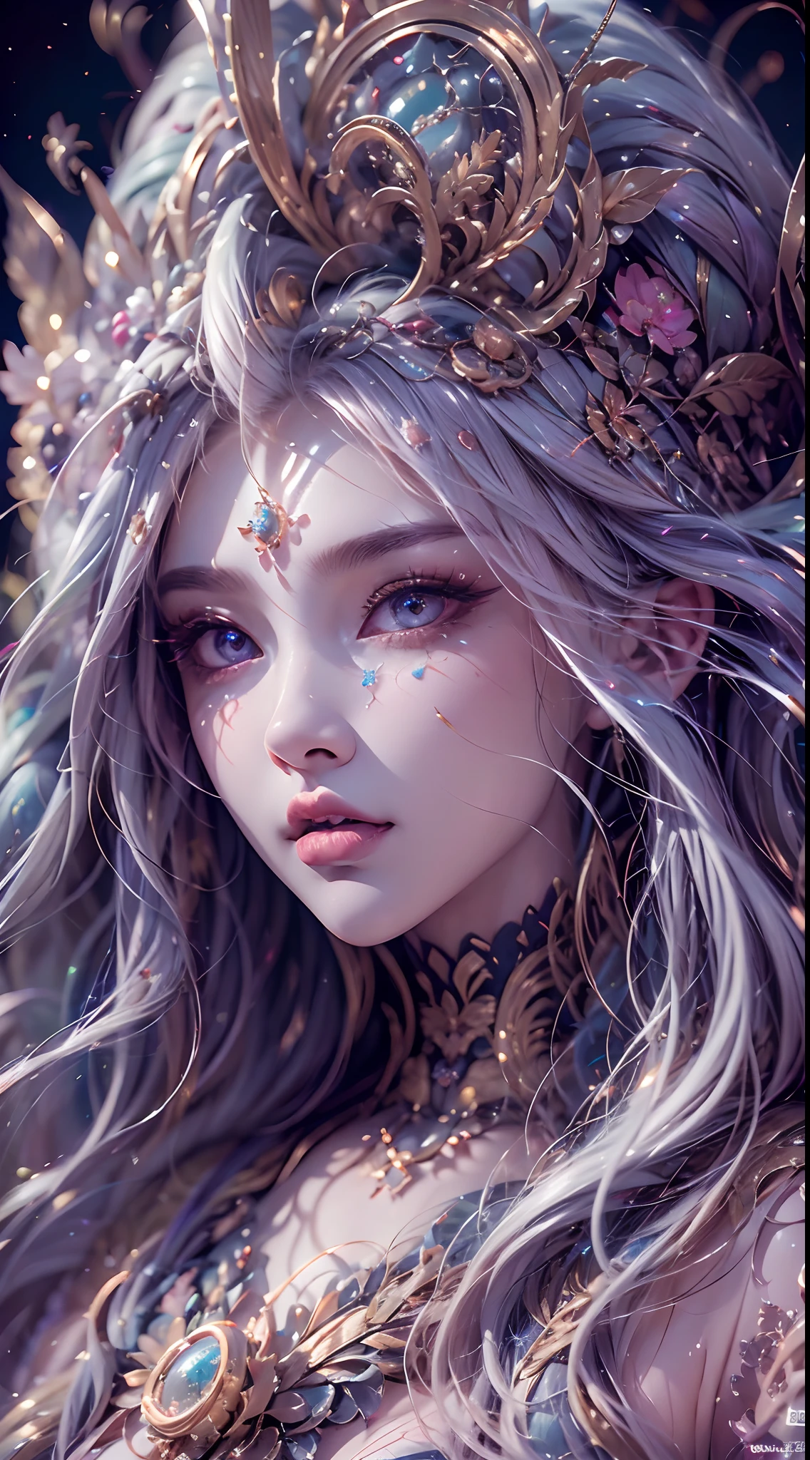 （best qualtiy，ultra - detailed，Most Best Illustration，Best shadow，tmasterpiece，A high resolution，professionalartwork，famousartwork），Detailed eyes，beautidful eyes，closeup cleavage，sci-fy，colored sclera，Robot eyes，face markings，Tattooed with，（fractalized，Fractal eyes），largeeyes，Wide eyes，（Eye focus），sface focus，Cosmic eyes，Space eyes，Close-up of metal sculpture of a woman with a moon in her hair，goddes。extremly high detail，3 d goddess portrait，Extremely detailed footage of the goddess，a stunning portrait of a goddess，Side image of the goddess，portrait of a beautiful goddess，Full body close-up portrait of the goddess，hecate goddess，portrait of a norse moon goddess，goddess of space and time，pureerosface_v1，ulzzang-6500-v1.1，