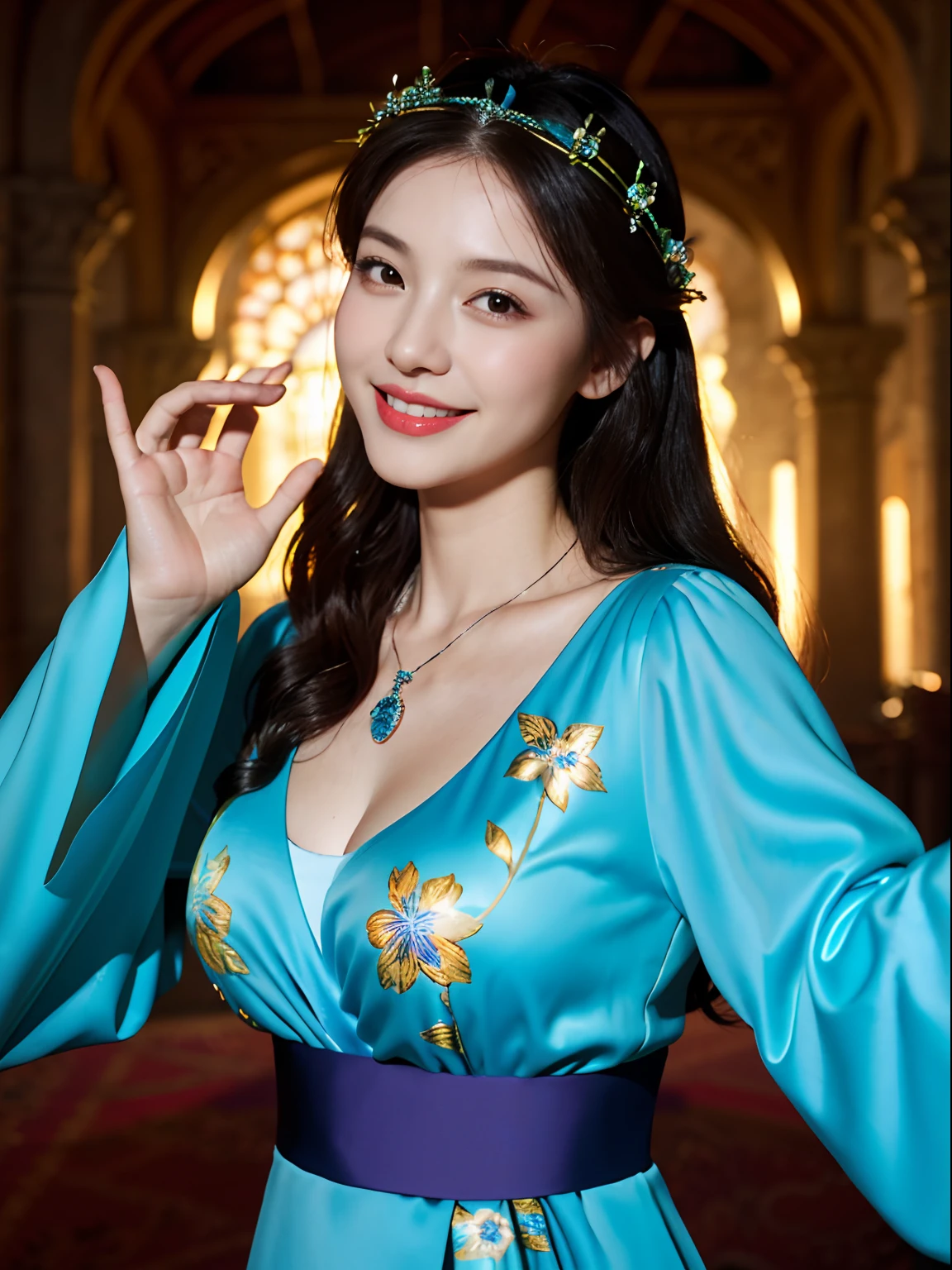Fantastic castle, 1 Smiling girl, full bodyesbian，Solo, parted lip, 8K, Best quality,High-quality deep V printing, Masterpiece,rich facial texture,Medium shot, beautiful pendant, Medium breasts, jewelry, cleavage, Floral_print, Long_Sleeves,flower headpiece,Sexy pose, Hair_flower, sash,