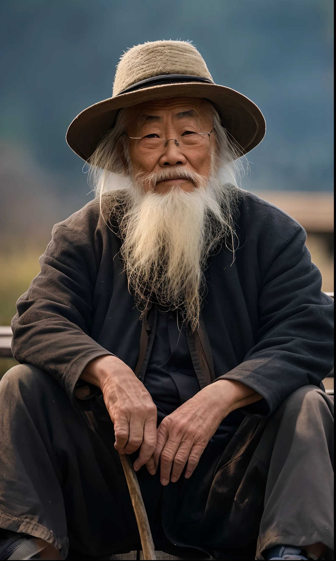 Asian man with long beard and hat sitting on a bench, Wise old man, An old man, portrait photo of an old man, old man, Asian people, an 80 year old man, old man portrait, old male, peaceful expression, Perfectly centered portrait, photo of a man, chinese artist, a old man，Old man with glasses