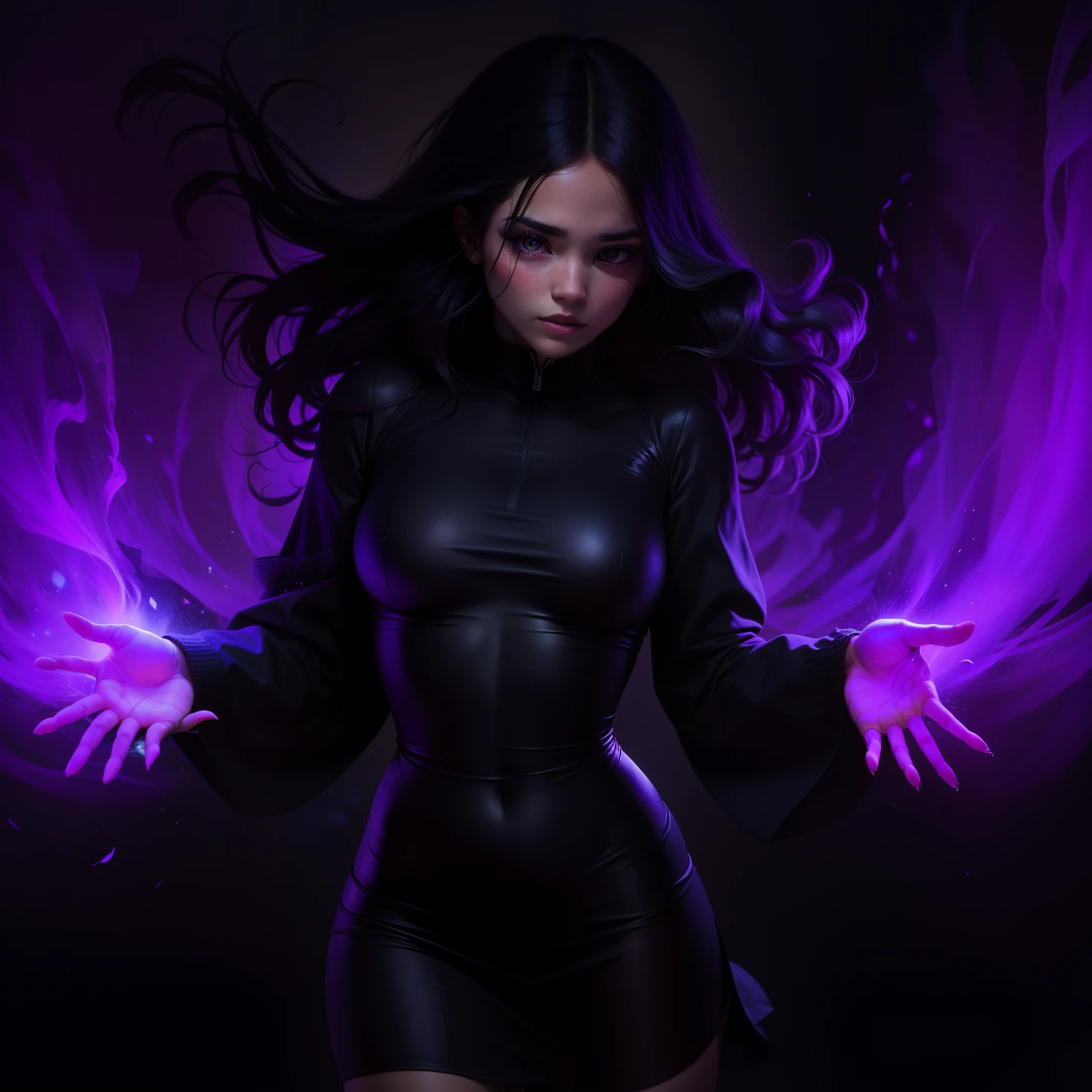 Garota usando magia roxa, olho violeta, Violeta brilhante, roupa preta que cobre todo o corpo, Girl releasing magic with her hands, Power coming out of your hands, black hair swaying in the wind