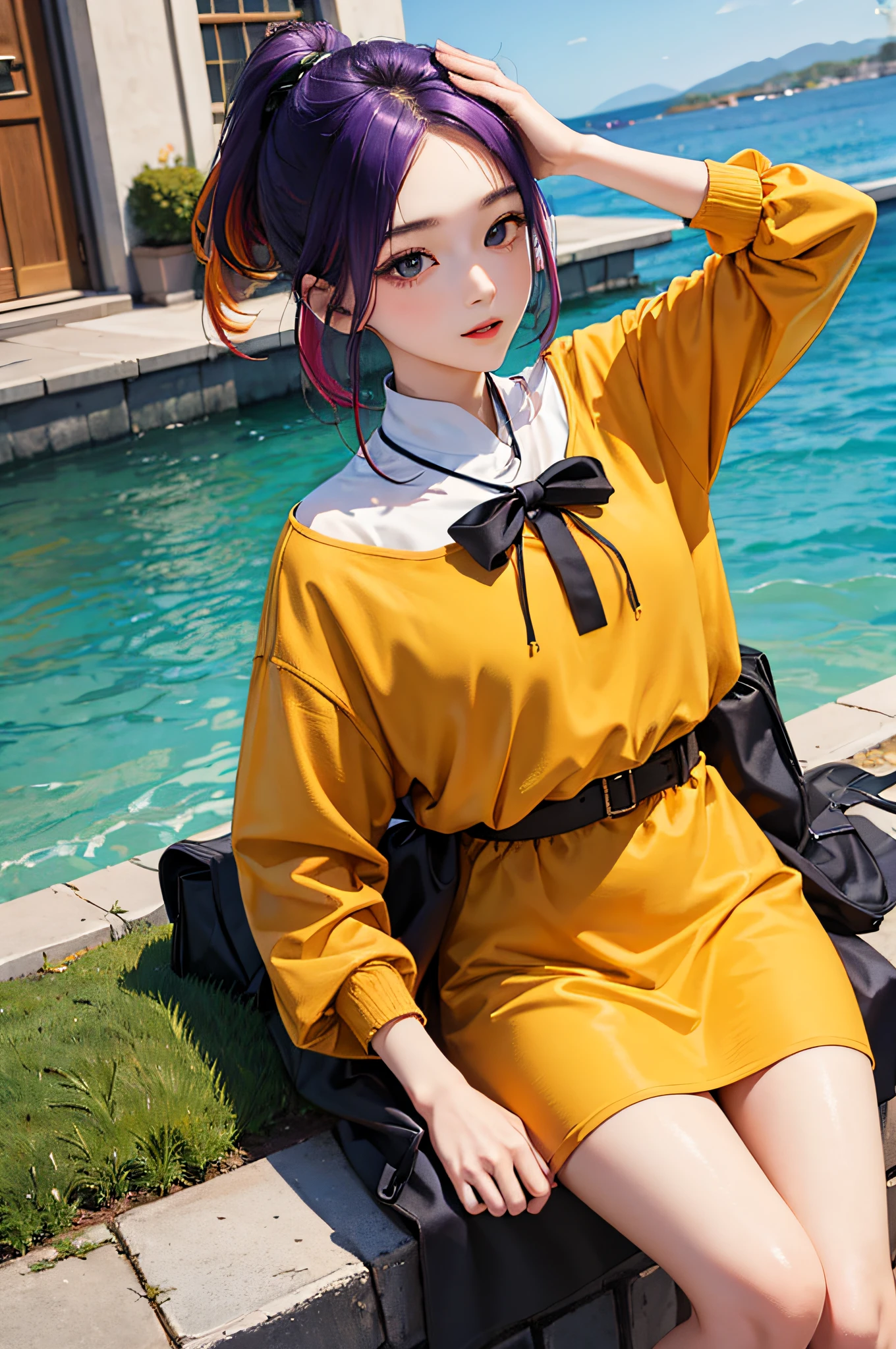 masterpiece、top-quality、Autumn costume、colourful hair、outside of house、Magazine covers、The upper part of the body、