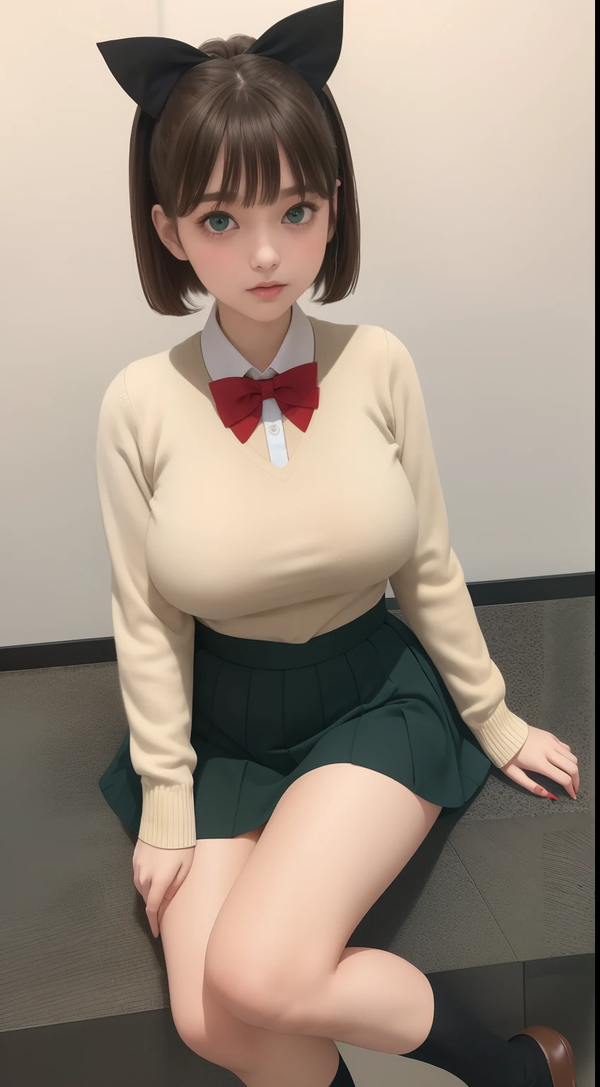 Sana Kuranaka
masterpiece, best quality, sitting, huge breast, green eyes,brown hair, short hair,clip hair,long-sleeved white shirt, black sweater not sleeves, blue bow tie, red skirt, socks up to the calves, slim body, slim legs, thick thighs