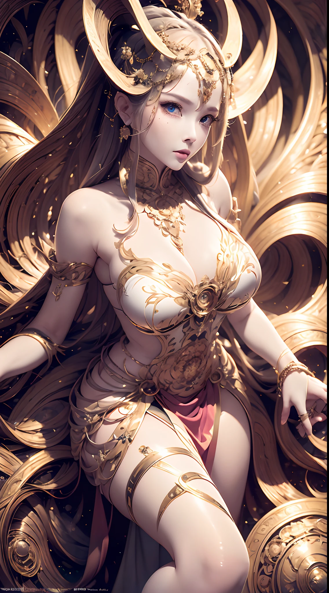 （best qualtiy，ultra - detailed，Most Best Illustration，Best shadow，tmasterpiece，A high resolution，professionalartwork，famousartwork），Detailed eyes，beautidful eyes，closeup cleavage，sci-fy，colored sclera，Robot eyes，face markings，Tattooed with，（fractalized，Fractal eyes），largeeyes，Wide eyes，（Eye focus），sface focus，Cosmic eyes，Space eyes，Close-up of metal sculpture of a woman with a moon in her hair，goddes。extremly high detail，3 d goddess portrait，Extremely detailed footage of the goddess，a stunning portrait of a goddess，Side image of the goddess，portrait of a beautiful goddess，Full body close-up portrait of the goddess，hecate goddess，portrait of a norse moon goddess，goddess of space and time，pureerosface_v1，ulzzang-6500-v1.1，