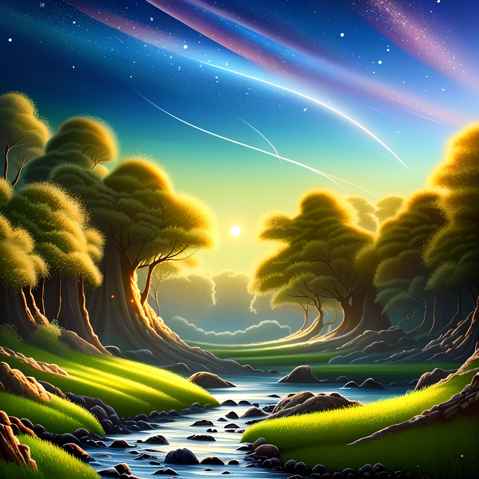 Illustration of a surreal, otherworldly, hyper sky scene including a giant crystal tree full body, highly detailed and magical lighting, intricate forest details, vegetation and surrounding river, solar punk, landscape, giant tree , beautiful green leaves, beautiful lighting and realistic proportions, as if this is a movie background, 8k, highest quality, masterpiece, clouds and stars in the sky.