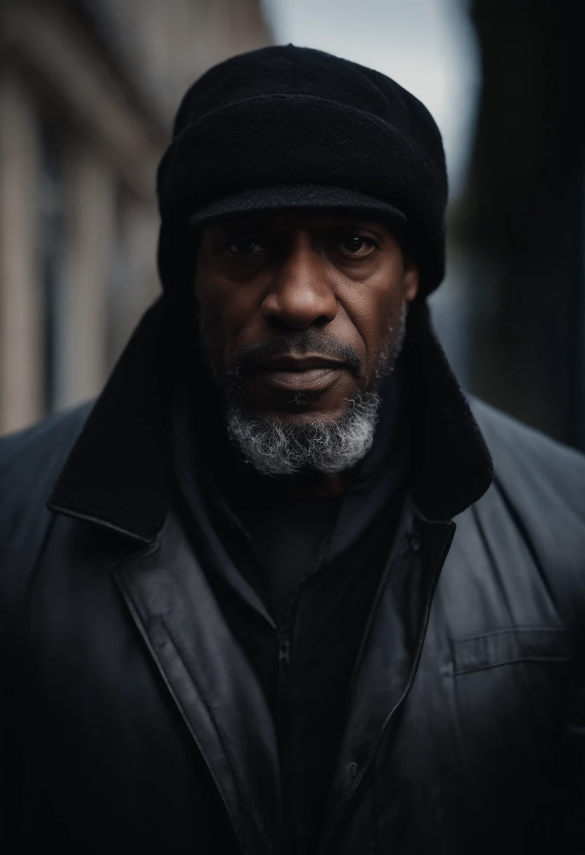 French black man, 56 anos, investigador, wearing a black long jacket, um cap estilo boina, 4k