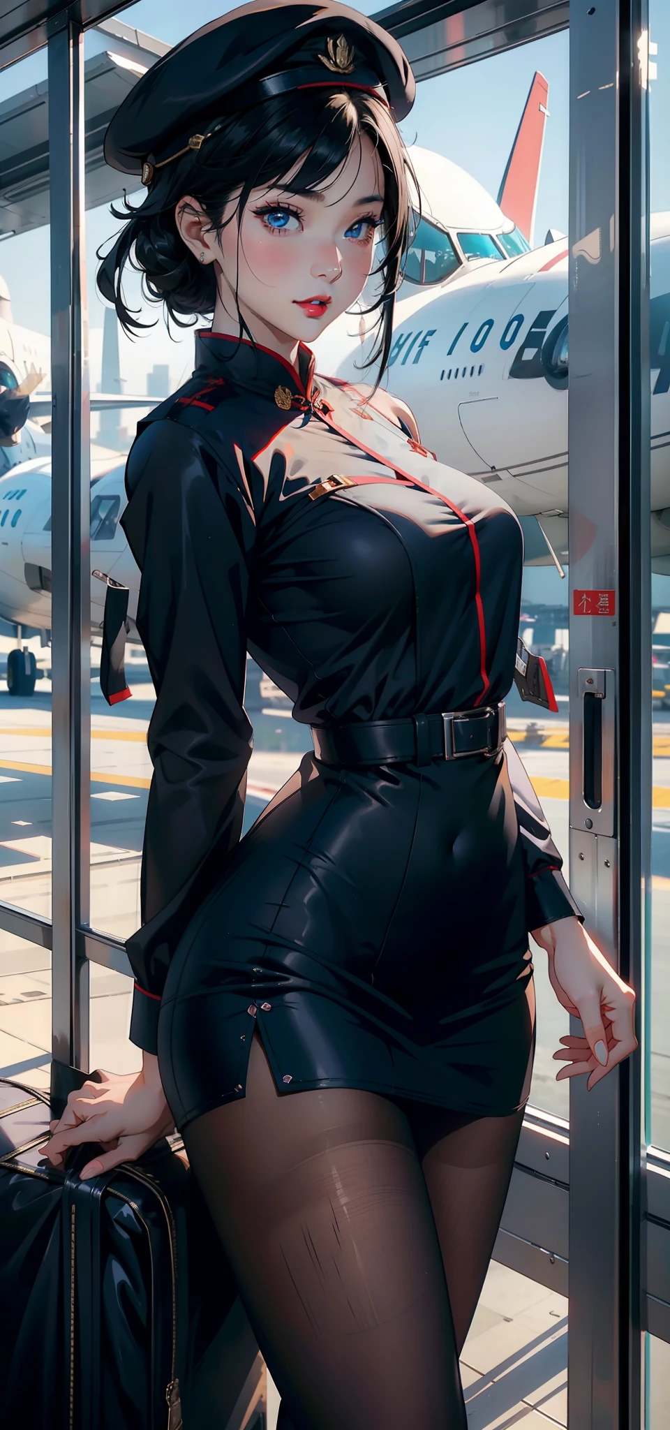 1womanl,33yo,熟妇,Bigchest,Raised sexy,Pornographic exposure, 独奏,Beauty contests,standing on your feet(Background with:aerodrome,ln the forest,Planes,)in an airplane, She has short black hair,bobo head,Redlip,裸体少女,dynamicposes,seen from the front, hair straight, mostly cloudy sky,(((tmasterpiece),(Very detailed CG unity 8K wallpaper),best qualtiy,cinmatic lighting,detailed back ground,beatiful detailed eyes,Bright pupils,(Very fine and beautiful),(Beautiful and detailed eye description),Blue eyes,Redlip,ultra - detailed,tmasterpiece,)),facing at camera,(The upper part of the body),A high resolution,ultra - detailed),revealing breasts,Bare genitalia, Bulge,legs are open,sexyposture,Camel toes,Flushed complexion,Open-mouthed,frontage,Chinese flight hostess,beret(Wearing:White transparent flight attendant uniform,Black pantyhose,on cheongsam)