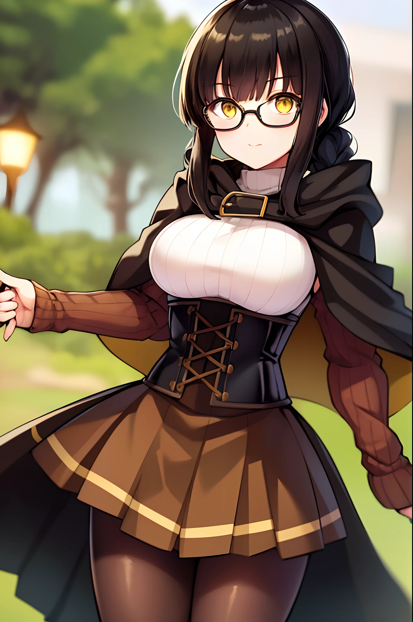 Ren, 1girl, solo, black hair, long braided pigtail, yellow eyes, glasses, khaki colored Sweater, corset, black hooded cloak, Pleated skirt, black pantyhose, standing, at beach, masterpiece, best quality