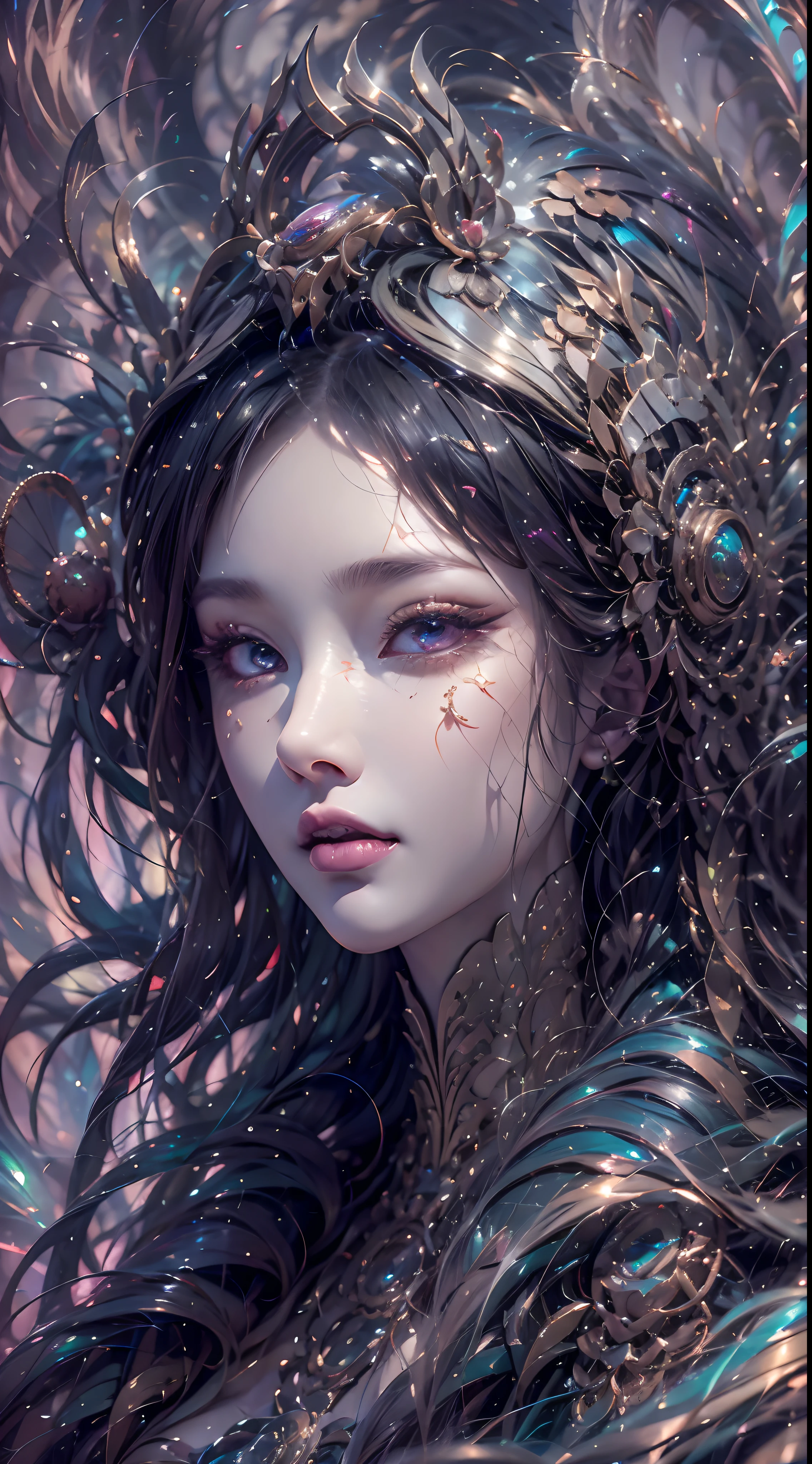 (best qualtiy,ultra - detailed,Most Best Illustration,Best shadow,tmasterpiece,A high resolution,professionalartwork,famousartwork),Detailed eyes,beautidful eyes,closeup cleavage,sci-fy,colored sclera,Robot eyes,face markings,Tattooed with,(fractalized,Fractal eyes),largeeyes,Wide eyes,(Eye focus),sface focus,Cosmic eyes,Space eyes,Close-up of metal sculpture of a woman with a moon in her hair,goddes。extremly high detail,3 d goddess portrait,Extremely detailed footage of the goddess,a stunning portrait of a goddess,Side image of the goddess,portrait of a beautiful goddess,Full body close-up portrait of the goddess,hecate goddess,portrait of a norse moon goddess,goddess of space and time,pureerosface_v1,ulzzang-6500-v1.1,