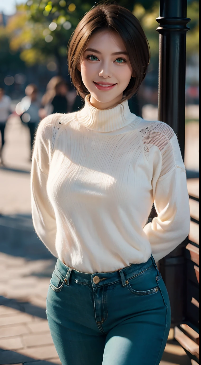 Masterpiece, Best quality, Ultra-detailed, Beautiful lighting, woman, Tight jeans, Blonde hair, (Green eyes:1.3), (White sweater:1.2), Turtleneck, The stands up, In Park, Beautiful scenery, Slight blush, Smiling, (Cute smile:1,1), (Glossy lips:1.1), (Beautiful eyes:1.1), wonderful backround, Closed mouth, Arms_Behind_back, Short hair
