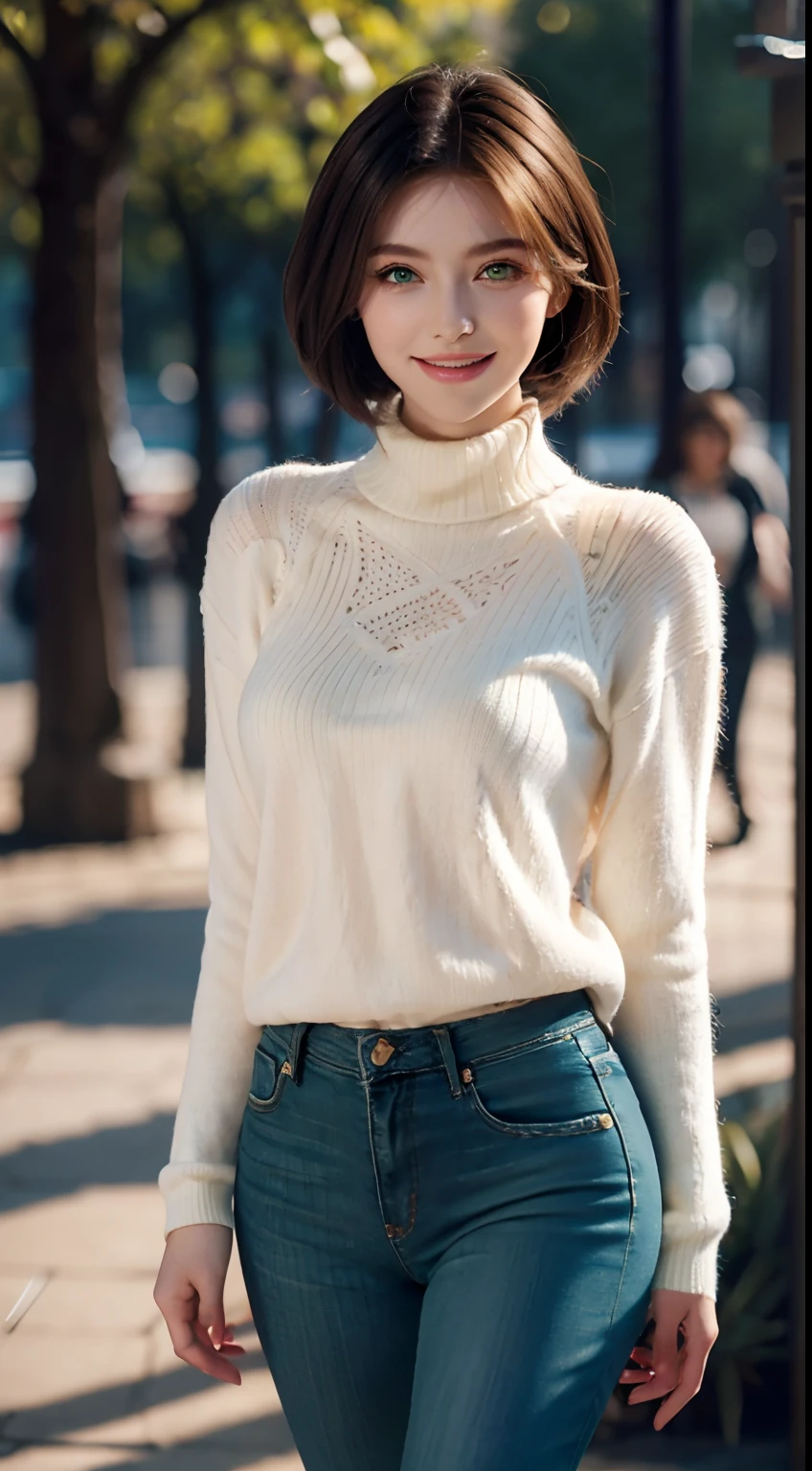 Masterpiece, Best quality, Ultra-detailed, Beautiful lighting, woman, Tight jeans, Blonde hair, (Green eyes:1.3), (White sweater:1.2), Turtleneck, The stands up, In Park, Beautiful scenery, Slight blush, Smiling, (Cute smile:1,1), (Glossy lips:1.1), (Beautiful eyes:1.1), wonderful backround, Closed mouth, Arms_Behind_back, Short hair
