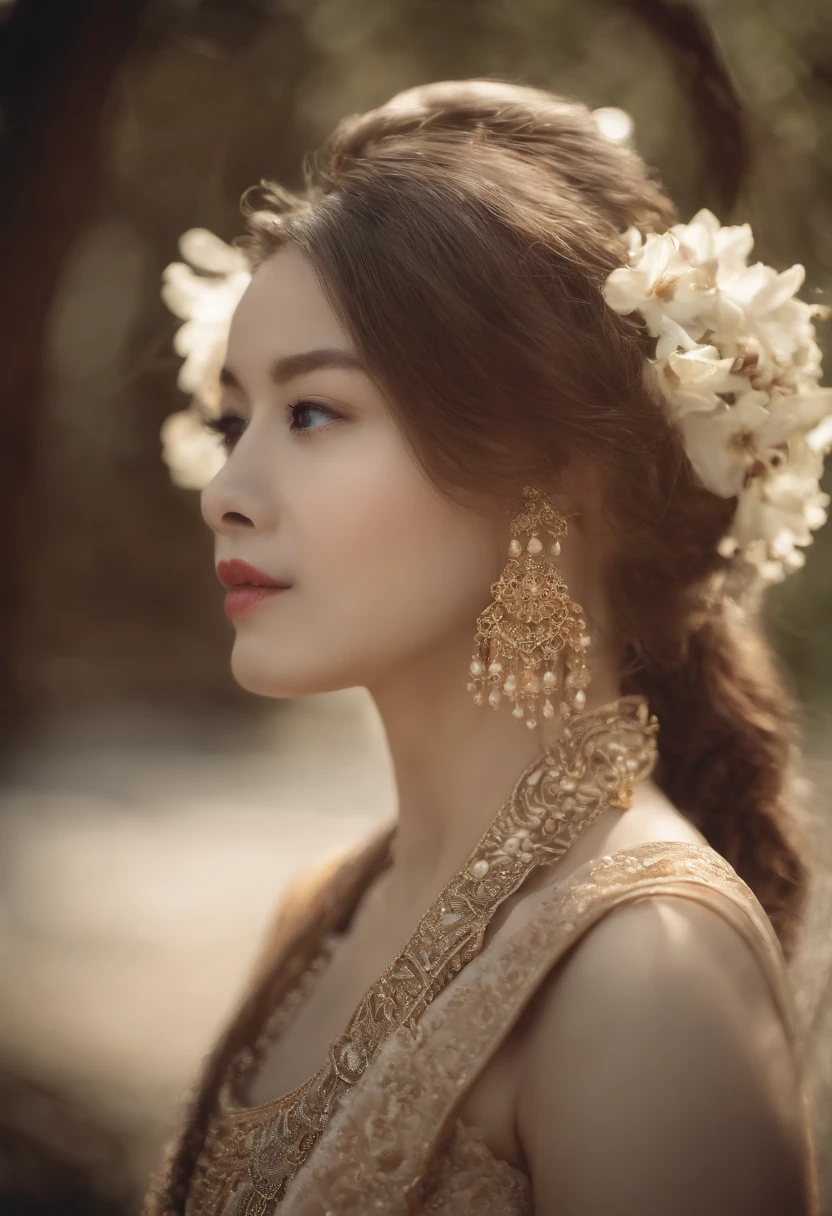 shukezouma, rendering by octane, hdr, (ultra - detailed:1. 15), (the soft light, Sharp:1. 2), 1girll, beuaty girl, Ultra-detailed eyes, mature, plumw, Thick, Lotus in hand, Long black hair, Super delicate texture Hanfu, (hair adornments, 耳Nipple Ring, flower hair ornaments, ), exteriors,an osmanthus tree, vivd colour, 16k, hyper HD, High-density imaging review 10, (tmasterpiece:1. 5), absurderes, (best qualtiy:1. 5)