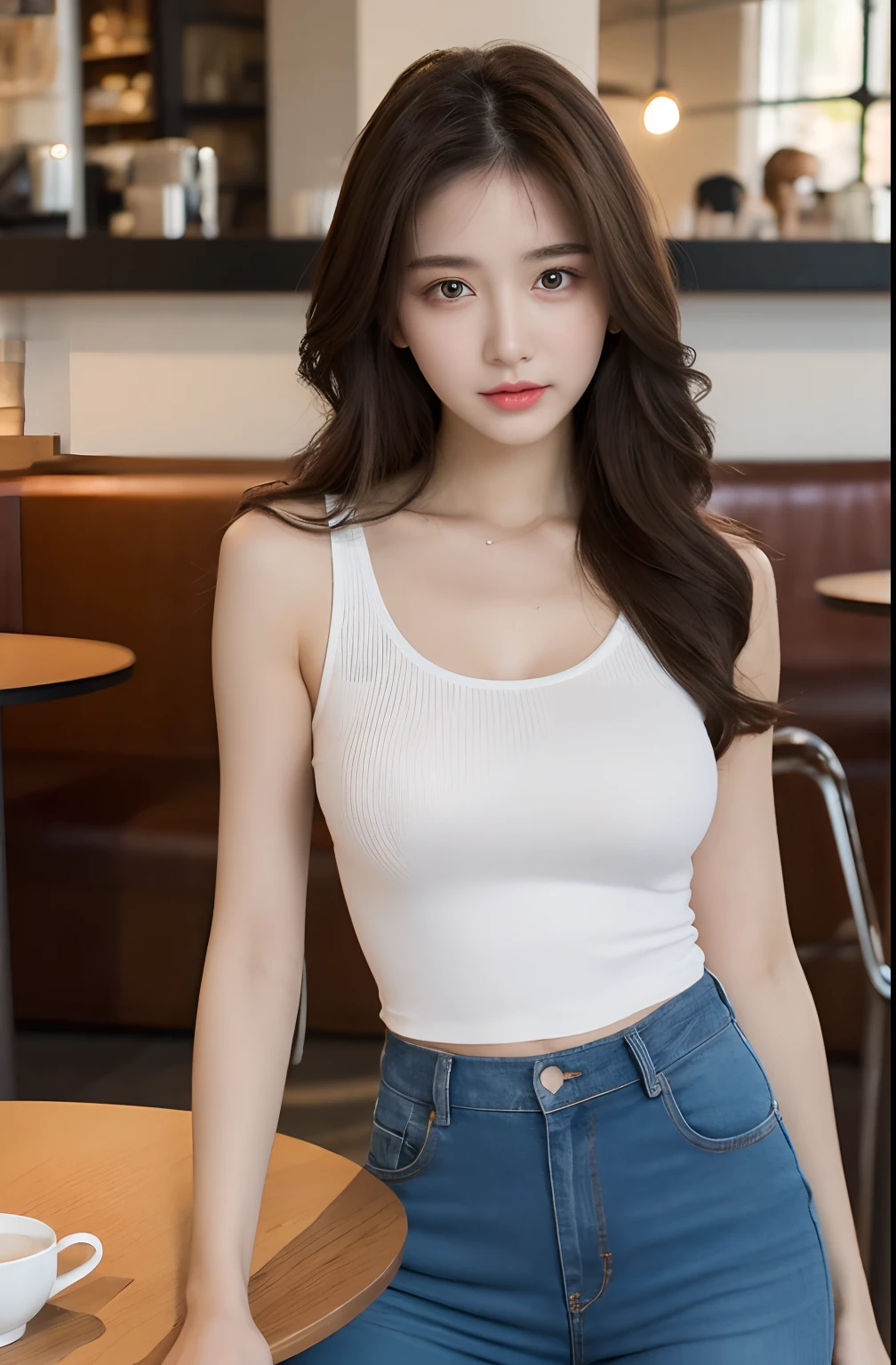 （realisticlying， A high resolution：1.3）， 1 girl with a perfect body， Super fine face and eyes，long whitr hair， Tank top of random colors：1.2， short jeans pants， in a cafe， Coffee on the table， huge tit，