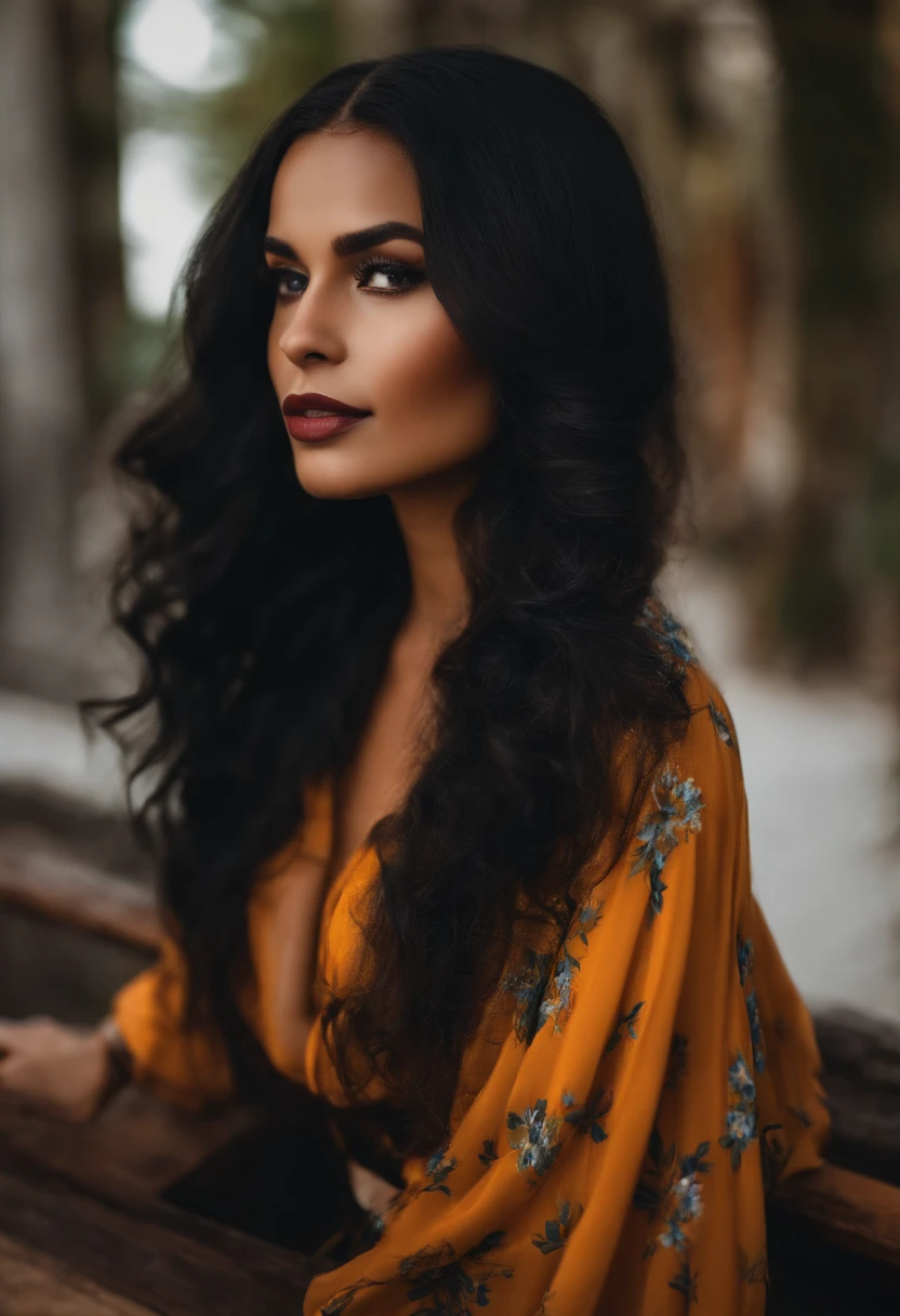 mulher impecavel perfeita com franja desfiada e cabelo preto mostrando a bunda com o nome santz na sua unda