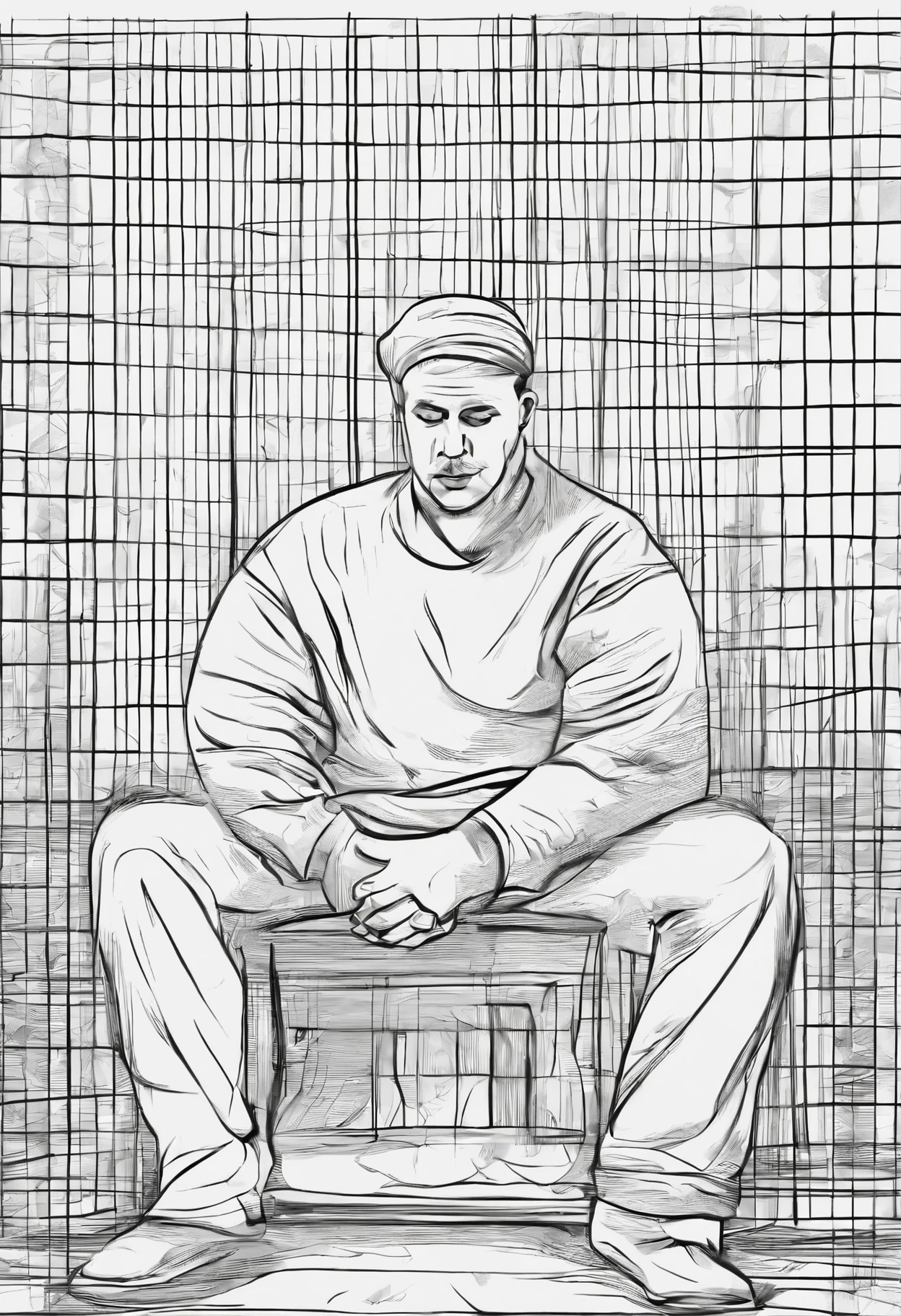 One person is in prison,He clasped his hands to the cell,Kneeling on both knees,His eyes were full of disobedience,Brow furrowed,Express the word difficulty