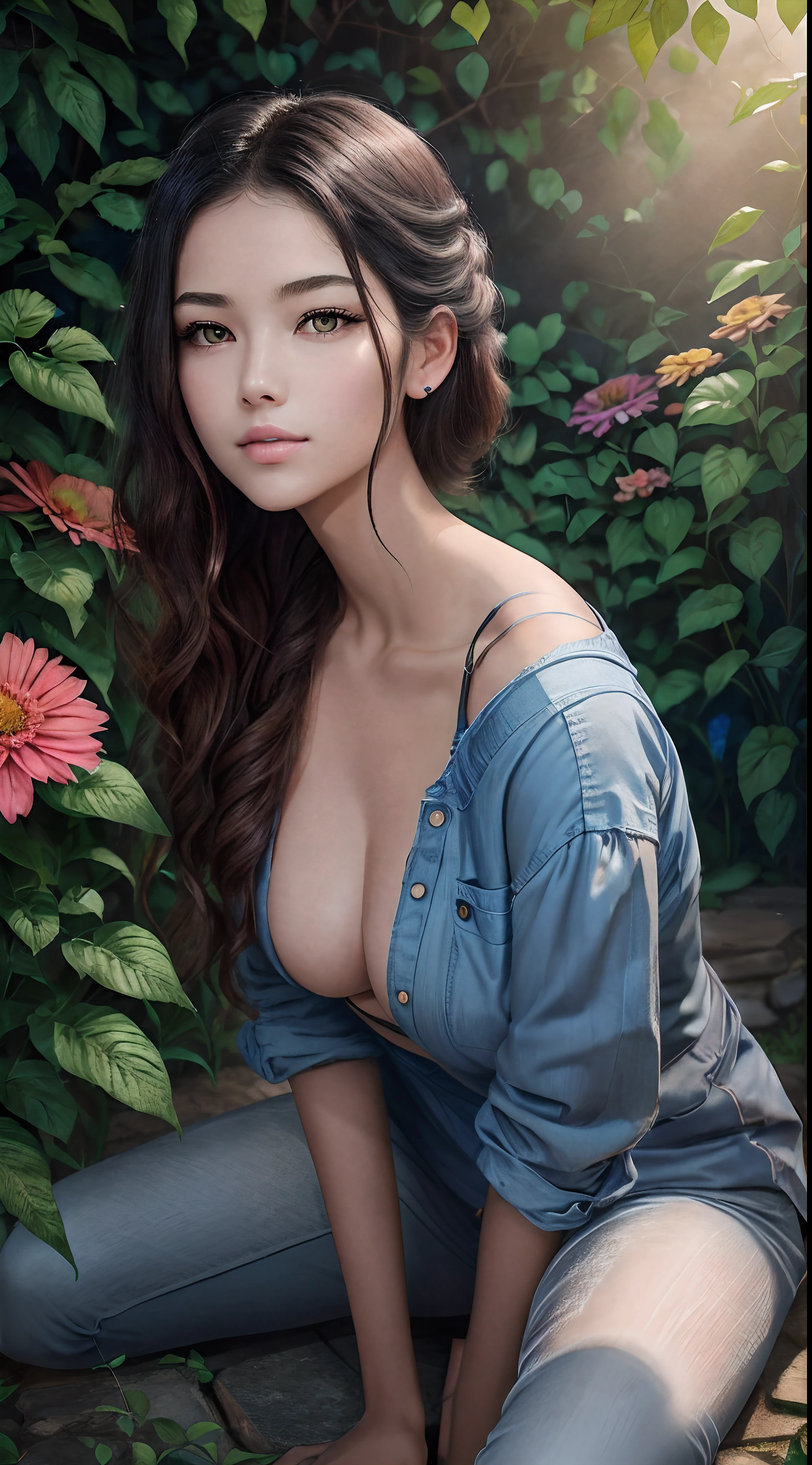 girl, sitting on my face, beautiful detailed eyes, beautiful detailed lips, extremely detailed eyes and face, long eyelashes, soft skin, natural makeup, confident expression, hair flowing, casual clothing, relaxed posture, comfortable position, garden background, lush greenery, colorful flowers, sunlight, gentle breeze, peaceful atmosphere, oil painting, high-res, realistic, professional, vivid colors, soft lighting.