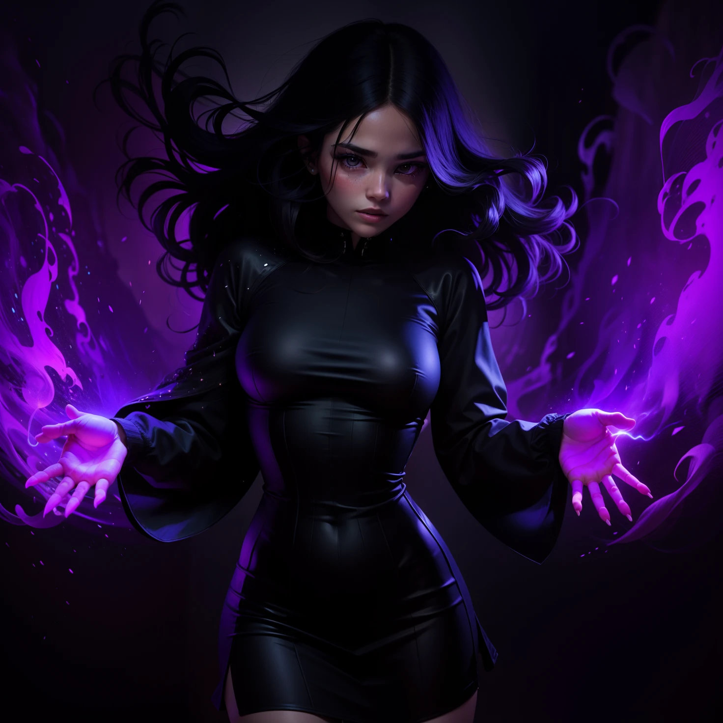 Garota usando magia roxa, olho violeta, Violeta brilhante, roupa preta que cobre todo o corpo, Girl releasing magic with her hands, Power coming out of your hands, black hair swaying in the wind, small hand , hand with five fingers