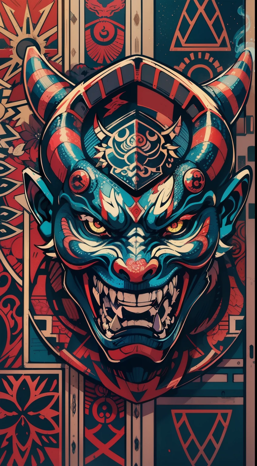 (((master part))),(((best quality))),(((amazing detail))),((illustration)),((A high resolution)),((8k)),Red Hannya mask,tom frio,Fresco,Ambiente Azul,Saltar,function style,Estilo escuro,fantasia sombria,irritado,Realistic,Meia-noite,Chiaroscuro,Bokeh,Cyberpunk,Japanese,Samurai,intricate pattern,cama. blue smoke of the technological mouth purple neon snakes around