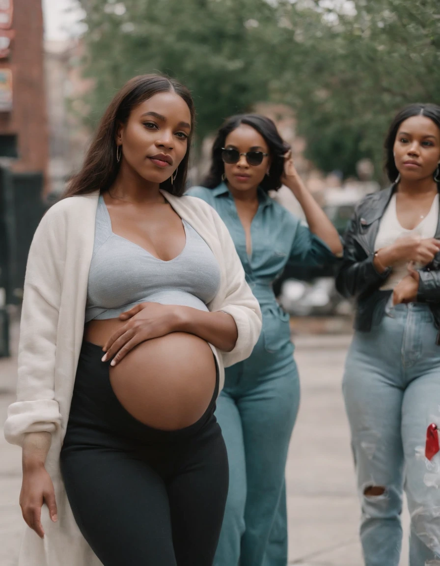 in the style of rap aesthetics,Pregnant women dressed in fashion, Chicago, USA, make for a memorable photo, The background is to charming neighbourhoods and colourful street art, photo taken with fujifilm superia, charly amani,