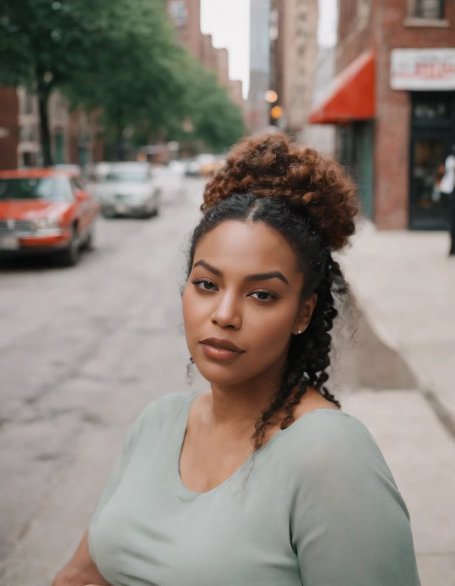 in the style of rap aesthetics,Pregnant women dressed in fashion, Chicago, USA, make for a memorable photo, The background is to charming neighbourhoods and colourful street art, photo taken with fujifilm superia, charly amani,