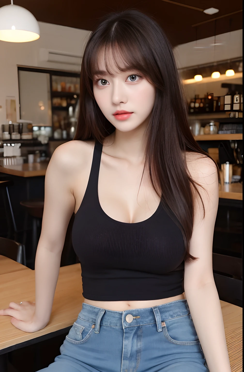 (realisitic、hight resolution:1.3)、1 girl with a perfect figure、Super thin face and eyes、shorth hair、Tank Tops:1 in random color.2、Short jeans、in a cafe、coffee on table、Colossal 、Exposed cleavage