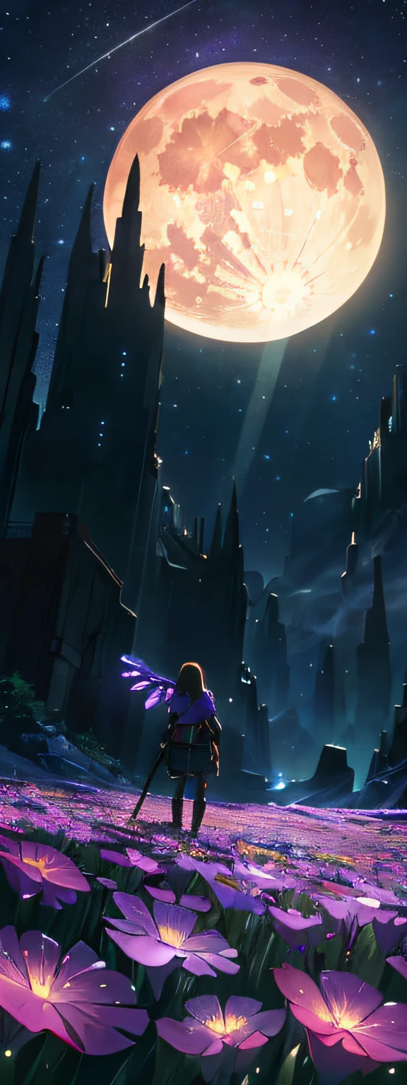 expansive landscape photograph , (a view from below that shows sky above and open field below), a girl standing on flower field looking up, (full moon:1.2), ( shooting stars:0.9), (nebula:1.3), distant mountain, tree BREAK
production art, (warm light source:1.2), (Firefly:1.2), lamp, lot of purple and orange, intricate details, volumetric lighting, realism BREAK
(masterpiece:1.2), (best quality), 4k, ultra-detailed, (dynamic composition:1.4), highly detailed, colorful details,( iridescent colors:1.2), (glowing lighting, atmospheric lighting), dreamy, magical, (solo:1.2)