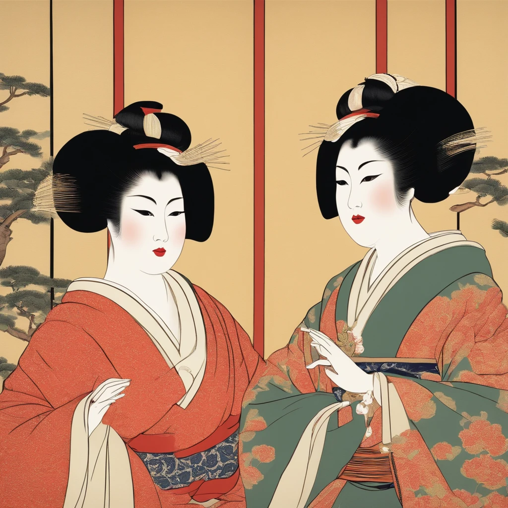 Dois gatos conversansdo, Traditional Japanese opera, no palco, ukiyo-e, Utamaro. Cena de hq em 3 quadros