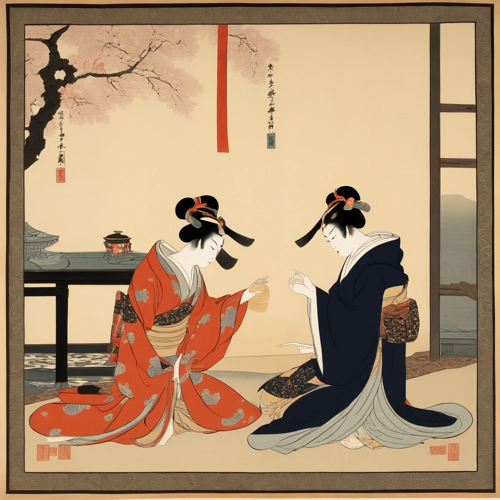 Dois gatos conversansdo, Traditional Japanese opera, no palco, ukiyo-e, Utamaro. Cena de hq em 3 quadros