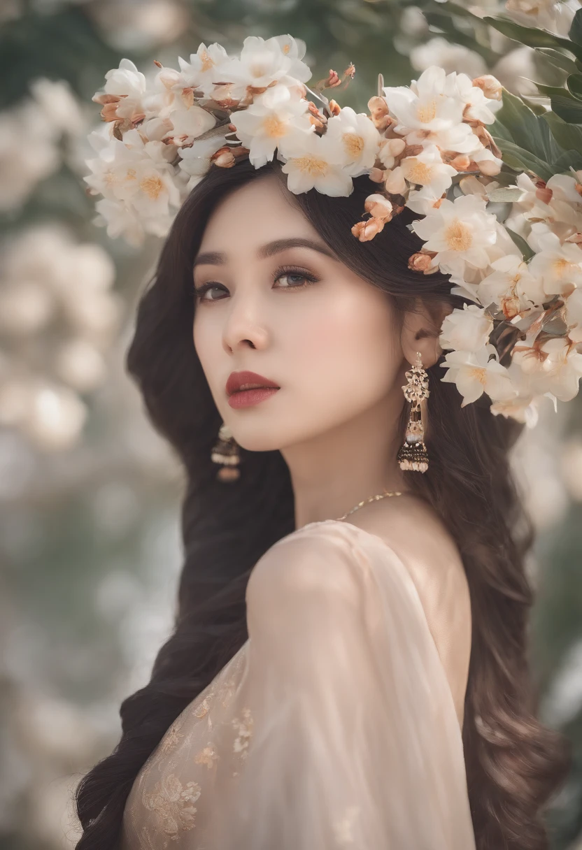 shukezouma, rendering by octane, hdr, (ultra - detailed:1. 15), (the soft light, Sharp:1. 2), 1girll, beuaty girl, Ultra-detailed eyes, mature, plumw, Thick, Lotus in hand, Long black hair, Super delicate texture Hanfu, (hair adornments, 耳Nipple Ring, flower hair ornaments, ), exteriors,an osmanthus tree, vivd colour, 16k, hyper HD, High-density imaging review 10, (tmasterpiece:1. 5), absurderes, (best qualtiy:1. 5)