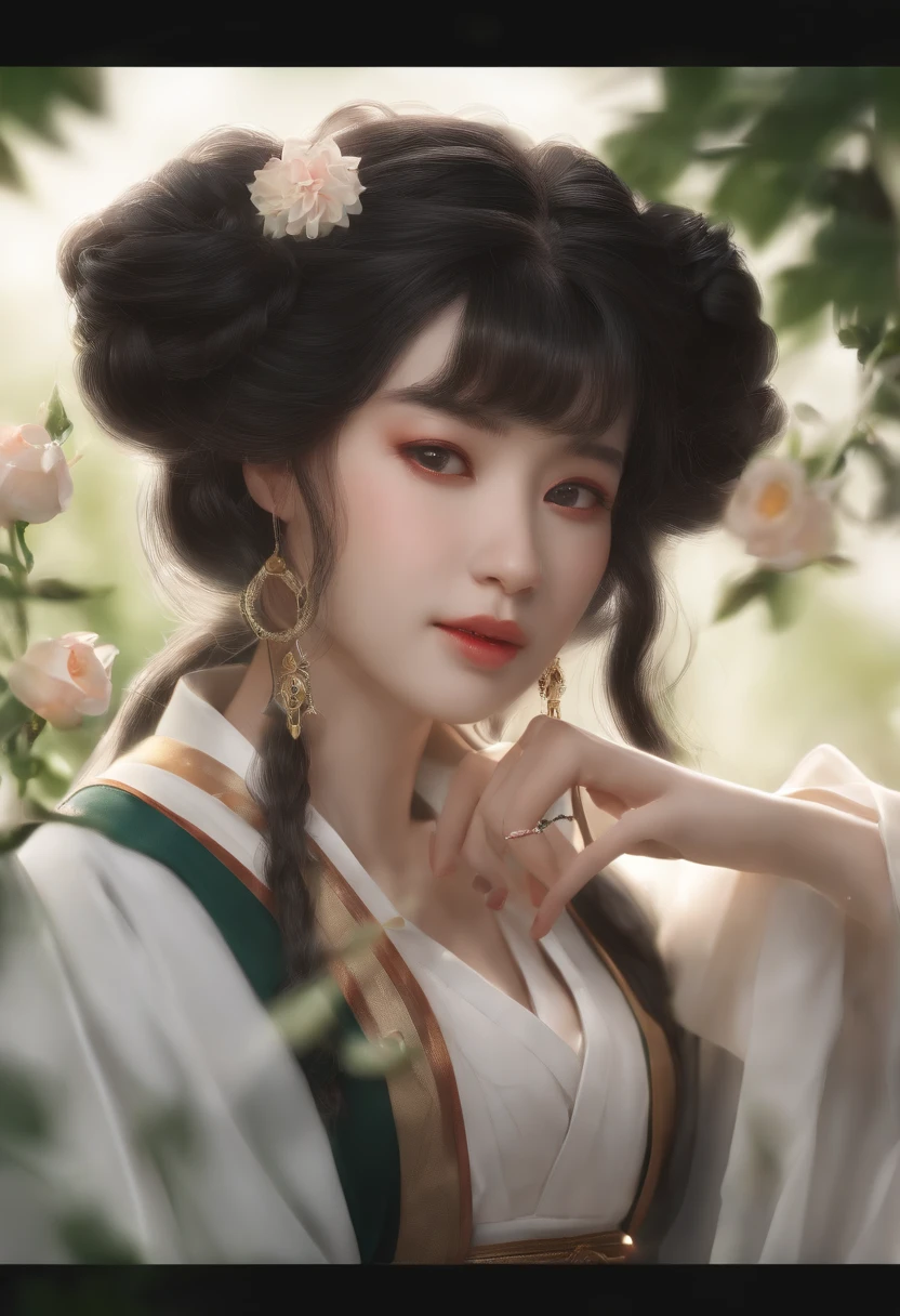 shukezouma, rendering by octane, hdr, (ultra - detailed:1. 15), (the soft light, Sharp:1. 2), 1girll, beuaty girl, Ultra-detailed eyes, mature, plumw, Thick, Lotus in hand, Long black hair, Super delicate texture Hanfu, (hair adornments, 耳Nipple Ring, flower hair ornaments, ), exteriors,an osmanthus tree, vivd colour, 16k, hyper HD, High-density imaging review 10, (tmasterpiece:1. 5), absurderes, (best qualtiy:1. 5)