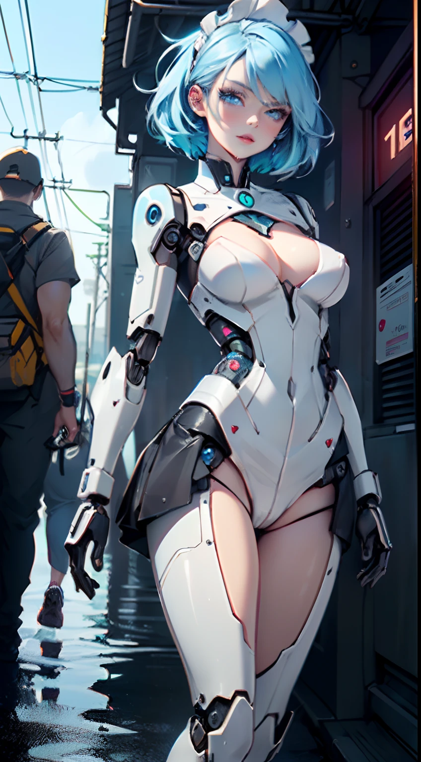 reelmech,(cyborg girl),(cyborg girl:1.5),
maid android,(((1girl))),((mechanical robot girl with extremely cute and beautiful pale blue hair)),

(large breasts:1.4),saggy breasts,(((pale blue bob hair:1.35,colored inner hair,short hair,ear breathing))),(((doll))) ,((((pale blue eyes,pale white skin,doll joints:1.5,mechanical hands:1.5,silver armored dress,tesla coils,maid mechanical doll:1.5,Body of a machine:1.5,metallic skin,ball joint,no facial features,cyborg:1.5, robotic parts:1.5,robot:1.5)))),(((eyes blue:1.3))),intricate eyes,beautiful detailed eyes,symmetrical eyes,((fat)),(((lustrous skin:1.5,bright skin: 1.5,skin tanned,shiny skin,very shiny skin,shiny body,plastic glitter skin,exaggerated shiny skin,illuminated skin, wet legs))),(spider lower abdomen,narrow waist,wide hip,detailed body,(detailed face)),((Mechanical joints: 1.4,Mechanical limbs)),

cute,slutty,seductive,erotic,(((nsfw))),

(maid headdress),bare_shoulders,delicate metal decorations,Headdress,(maid),sleeveless,miniskirt,boots,cleavage_cutout,bare_legs,((wet clothes,intricate outfit,intricate clothes,intricate details)),

(dynamic pose:1.0),embarrassed,(centered,scale to fit dimensions,Rule of thirds),

cyberpunk city by the ocean at night, with bright neon signs and dark stormy clouds and puddles, scenery:1.25,

artistic photography,(photography taken by sldr),highres, sharp focus, (ultra detailed, extremely detailed), (photorealistic artwork:1.37),(extremely detailed CG unity 8k wallpaper),((synthwave background theme)),(((vibrant colors))),(intricate background),(masterpiece),(best quality),