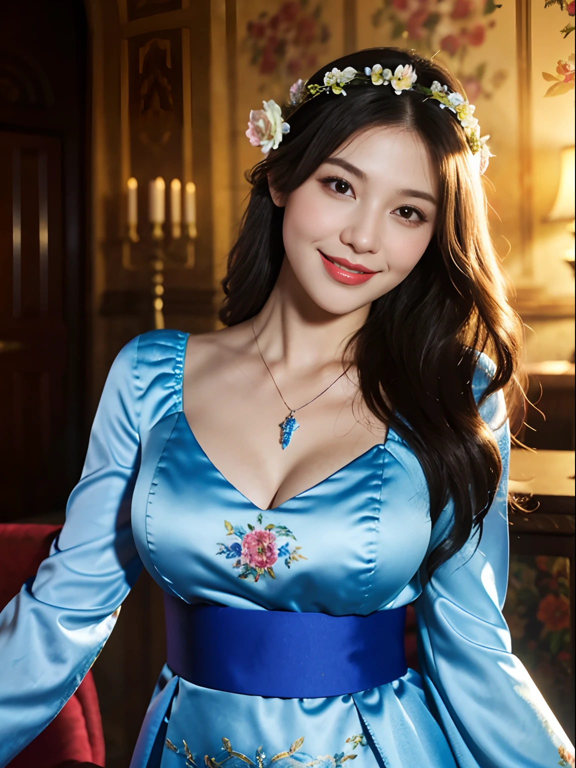 Fantastic castle, 1 Smiling girl, full bodyesbian，in a panoramic view，Solo, parted lip, 8K, Best quality,High-quality deep V printing, Masterpiece,rich facial texture,beautiful pendant, Medium breasts, jewelry, cleavage, Floral_print, Long_Sleeves,flower headpiece,Sexy pose, Hair_flower, sash,