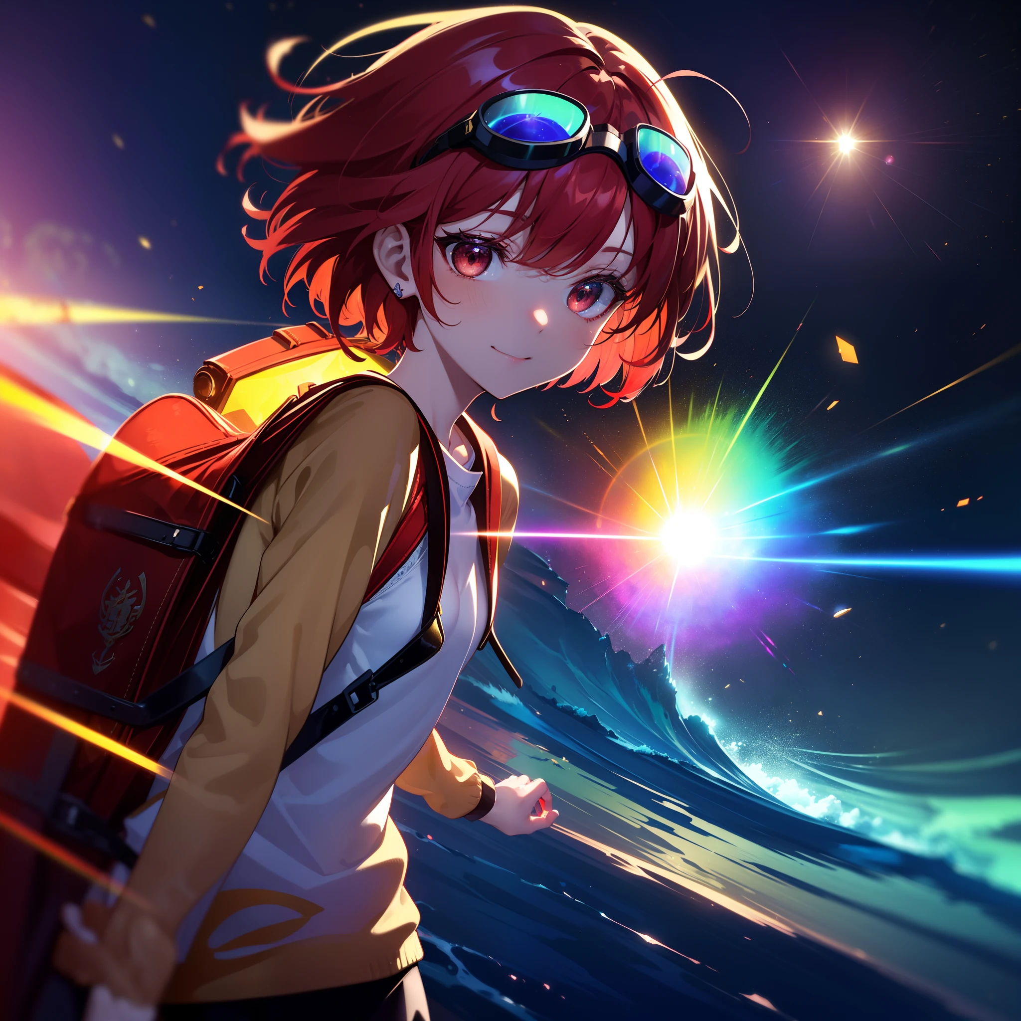 She has cat ears:1.3),(Red eyes in the starry sky:1.3),(Face Focus:1.3),(zoomed:0.7), (Wear detailed brown goggle-type goggles on your head:1.4),(Super energetic:1.3),(Happy expression:1.3),(Proud smile:1.3),(mountaineer:1.3),(Short hair with red red hair with bright details,:1.5), (hair messy:1.3), (Mountaineers aiming for the summit:1.3), (perfectly detailed eyes:1.3),(Adult leeway:1.3),(Stretch your arms and points:1.3),(She's okay:1.3),Her skin is pale,(Carrying a backpack:1.3),(small tit:1.5),(Brown mountaineering jacket:1.3),(treasure trove:1.3),(Gold Wave Art:1.3),She is a war maiden,Emitting an aura of light,(Face Zoom:1.3),Highest Quality, (Treasure map in hand:1.3),(Sunshine:1.3),Complex castle town,Lens Flare, Big rainbow,The moon shines,money, bloom, ((light glow)), chromatic abberation], Digital Painting, Insane details, Intricate details, Beautifully color graded, Anime Clothing,Unreal Engine, Cinematic , colour grading, Editorial Photography , Photography, Kiss Shot, Canon 5D Camera Photography,Shot on 70mm lens, Depth of subject, ultra sharpness, nffsw, octane, Unreal, Dramatic light, Global Illumination,Motion Picture Film,rainbow,lensflare,(Rainbow Aura Wave:1.3),(Red string:1.3),(Agfacolor:1.3),(close portrait:1.3),(Feminine:1.4),(Beautiful:1.4),(Attractive:1.3),Move an angle,Themed Background,