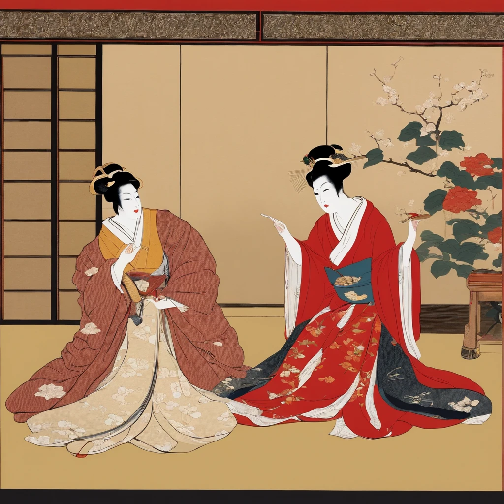 Dois gatos conversansdo, Traditional Japanese opera, no palco, ukiyo-e, Utamaro. Cena de hq em 3 quadros